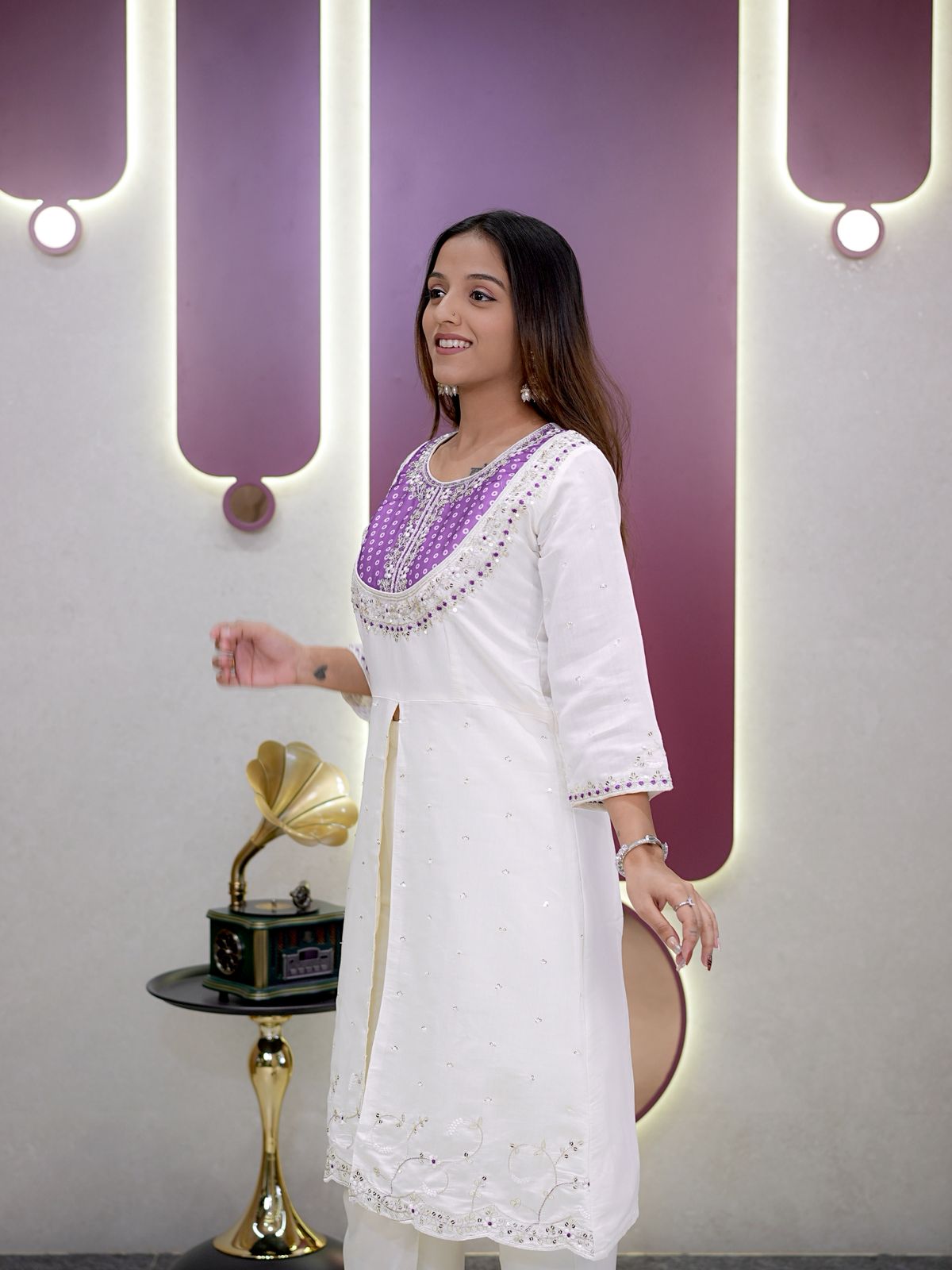 Purple Roman Silk Embroidery Coding Sequence Work Kurti Set