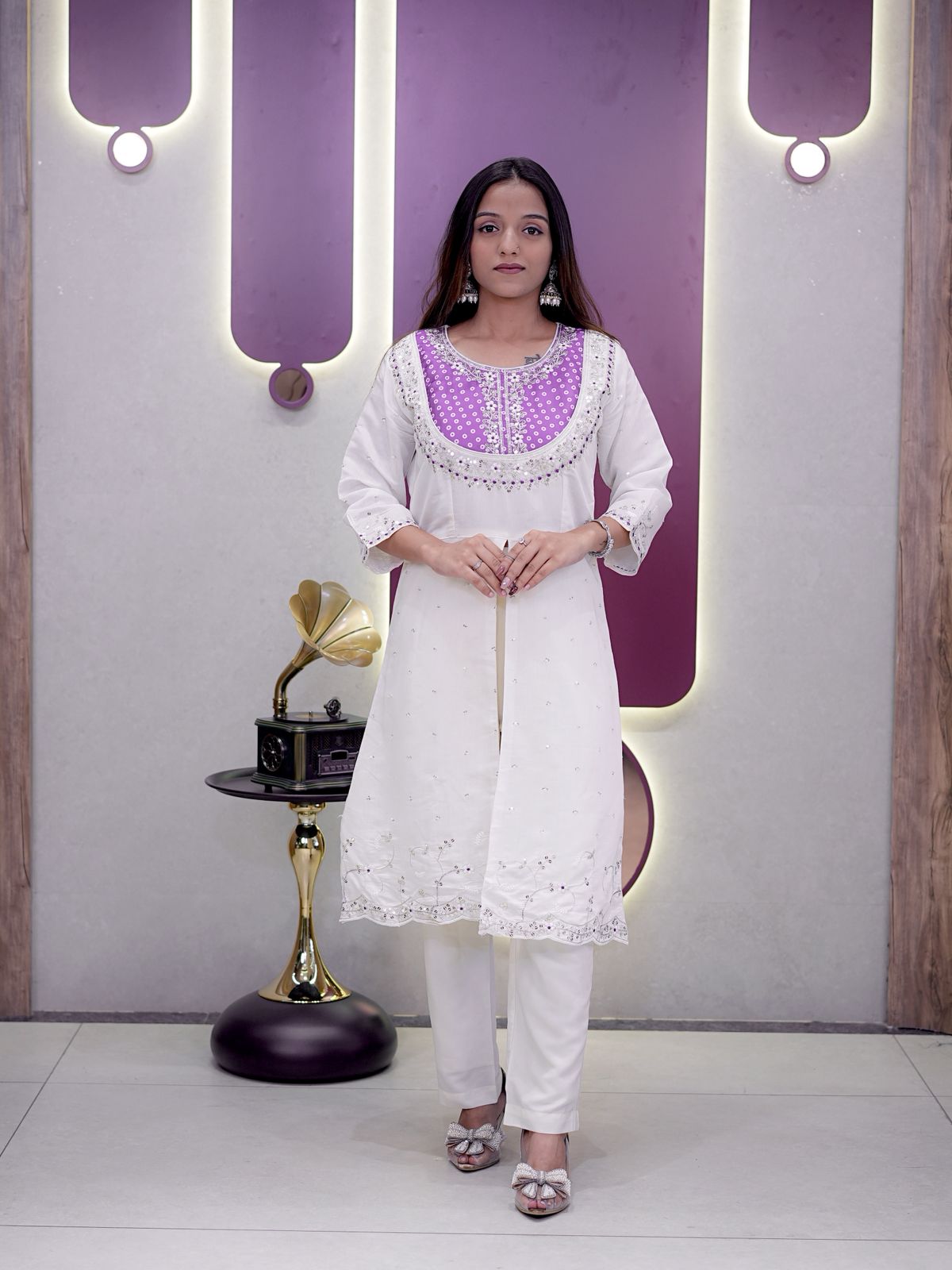 Purple Roman Silk Embroidery Coding Sequence Work Kurti Set