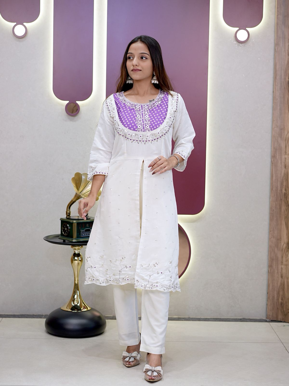 Purple Roman Silk Embroidery Coding Sequence Work Kurti Set