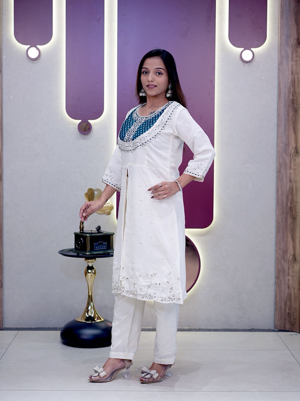 Green Roman Silk Embroidery Coding Sequence Work Kurti Set