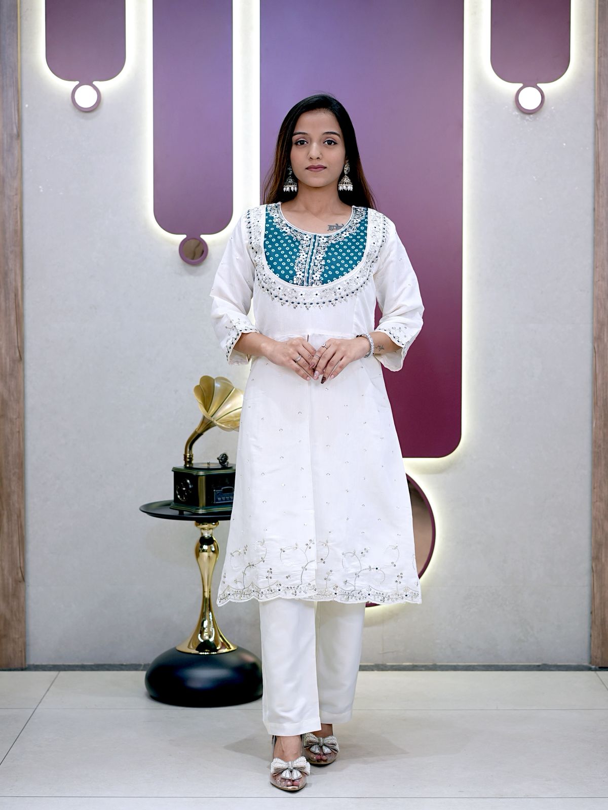 Green Roman Silk Embroidery Coding Sequence Work Kurti Set