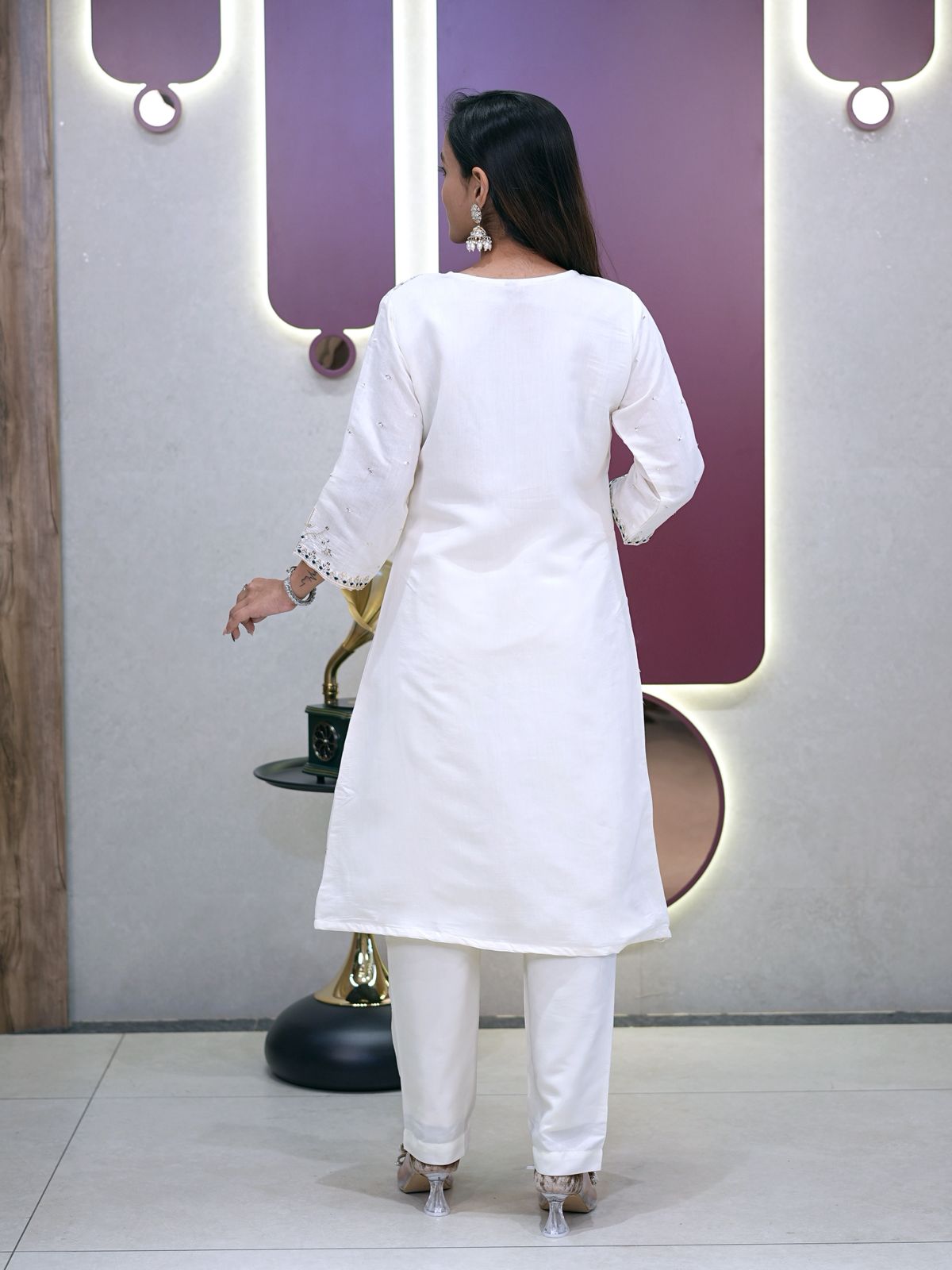 Green Roman Silk Embroidery Coding Sequence Work Kurti Set