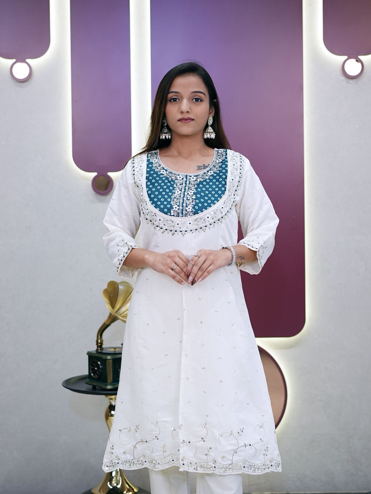 Green Roman Silk Embroidery Coding Sequence Work Kurti Set