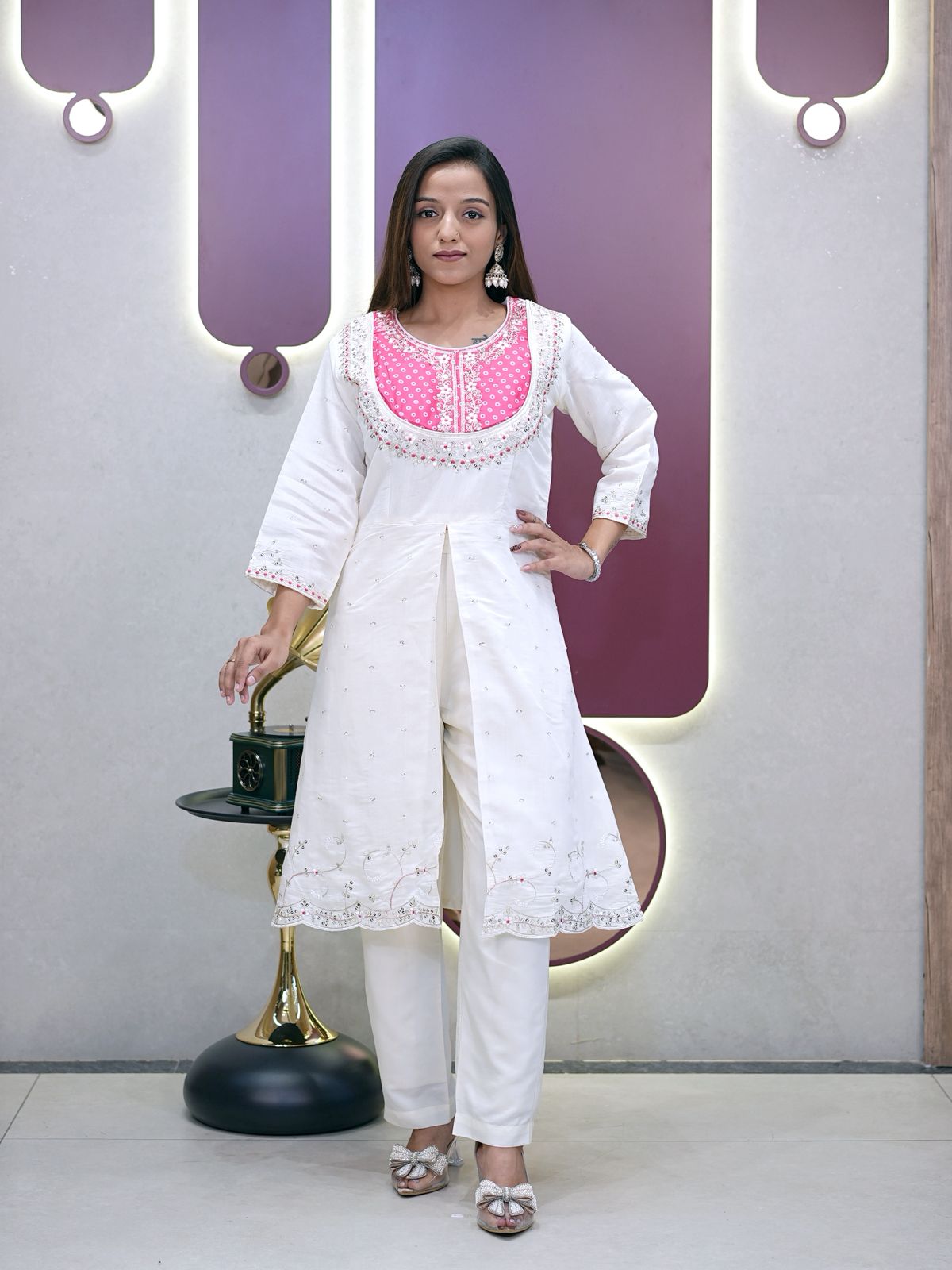 Pink Roman Silk Embroidery Coding Sequence Work Kurti Set