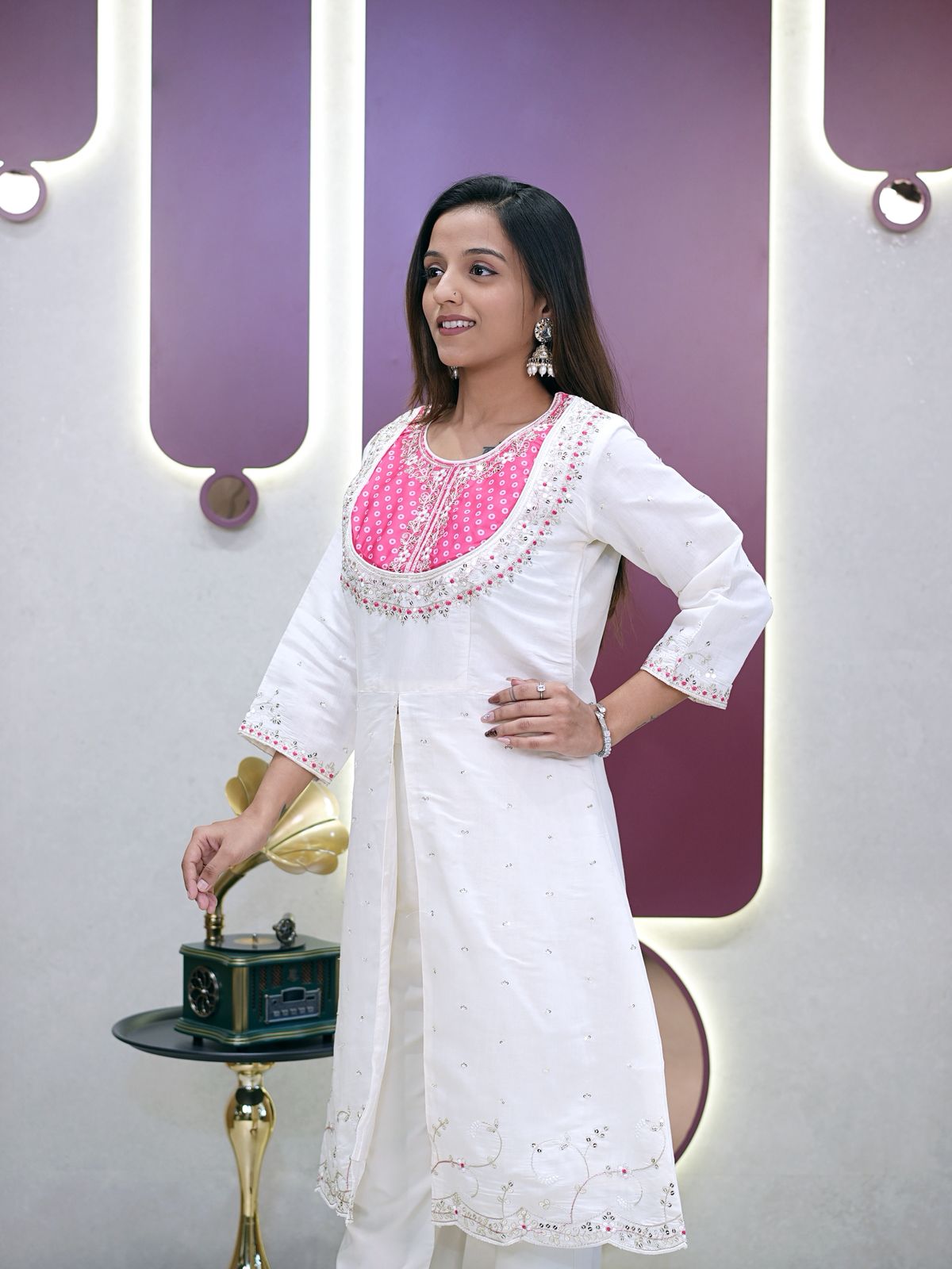 Pink Roman Silk Embroidery Coding Sequence Work Kurti Set