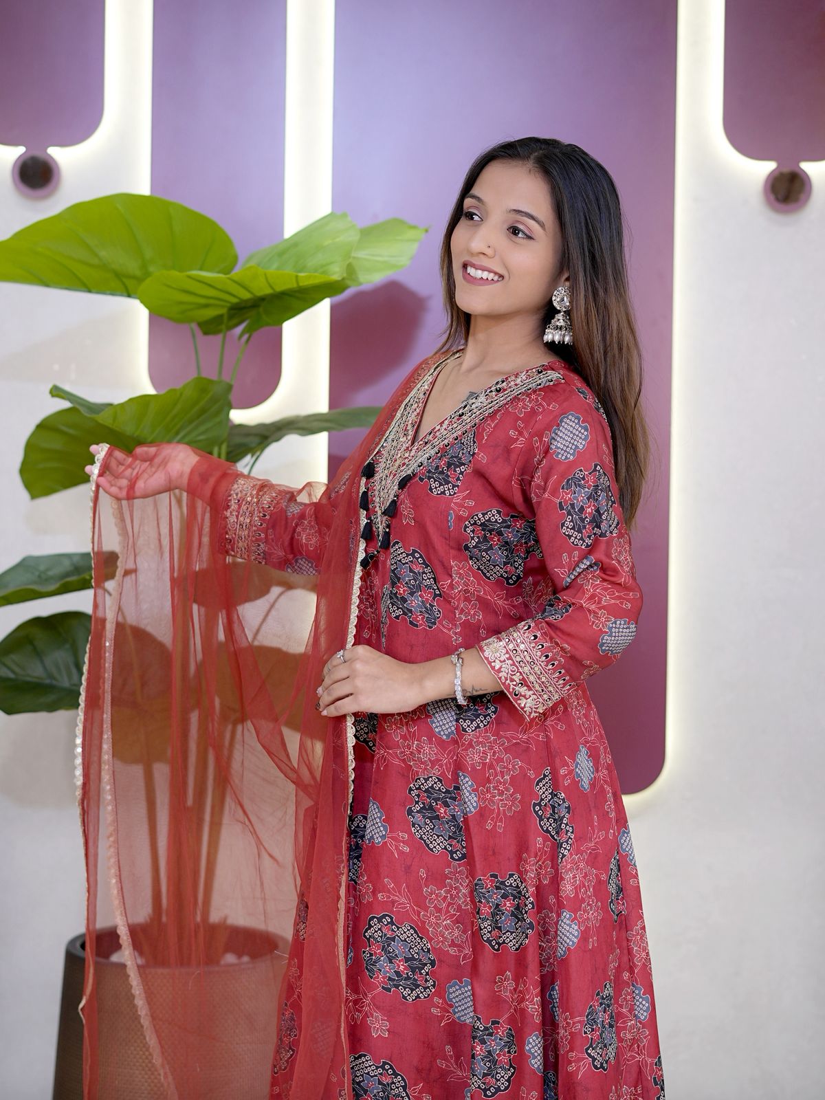 Maroon Modal Sartin Digital Print With Gota Patti Work Dupatta Suit Set
