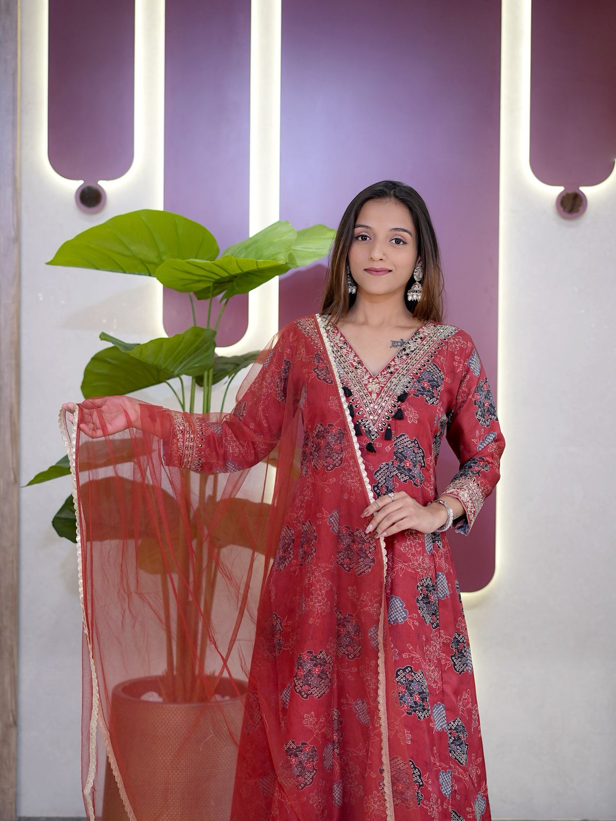 Maroon Modal Sartin Digital Print With Gota Patti Work Dupatta Suit Set