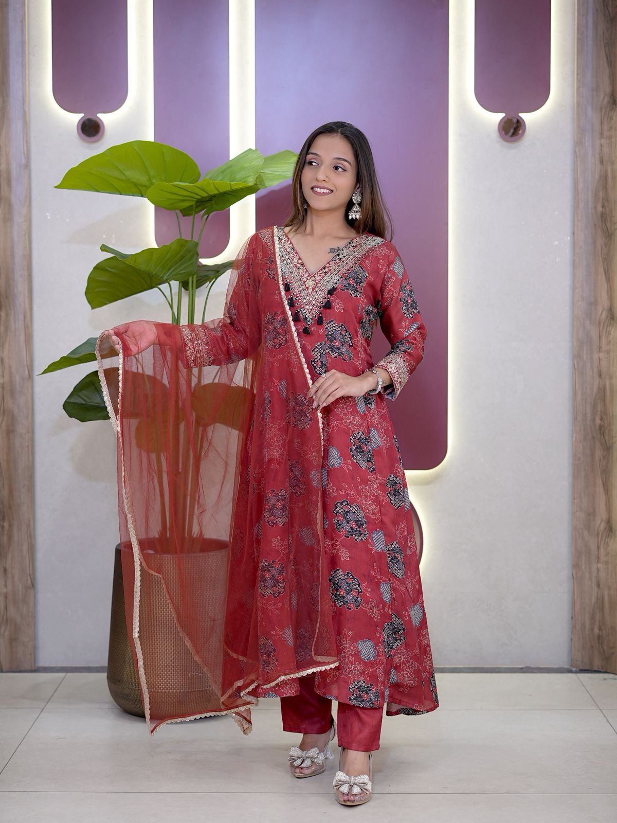 Maroon Modal Sartin Digital Print With Gota Patti Work Dupatta Suit Set