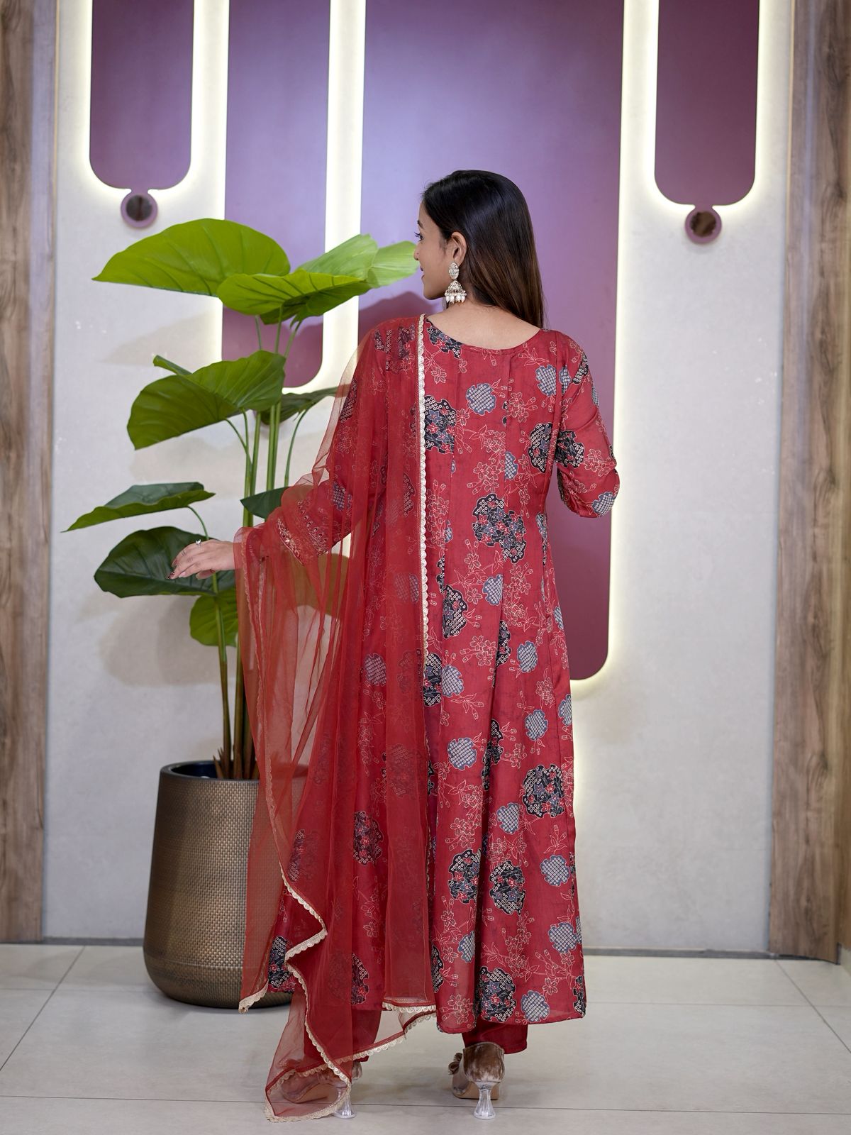 Maroon Modal Sartin Digital Print With Gota Patti Work Dupatta Suit Set