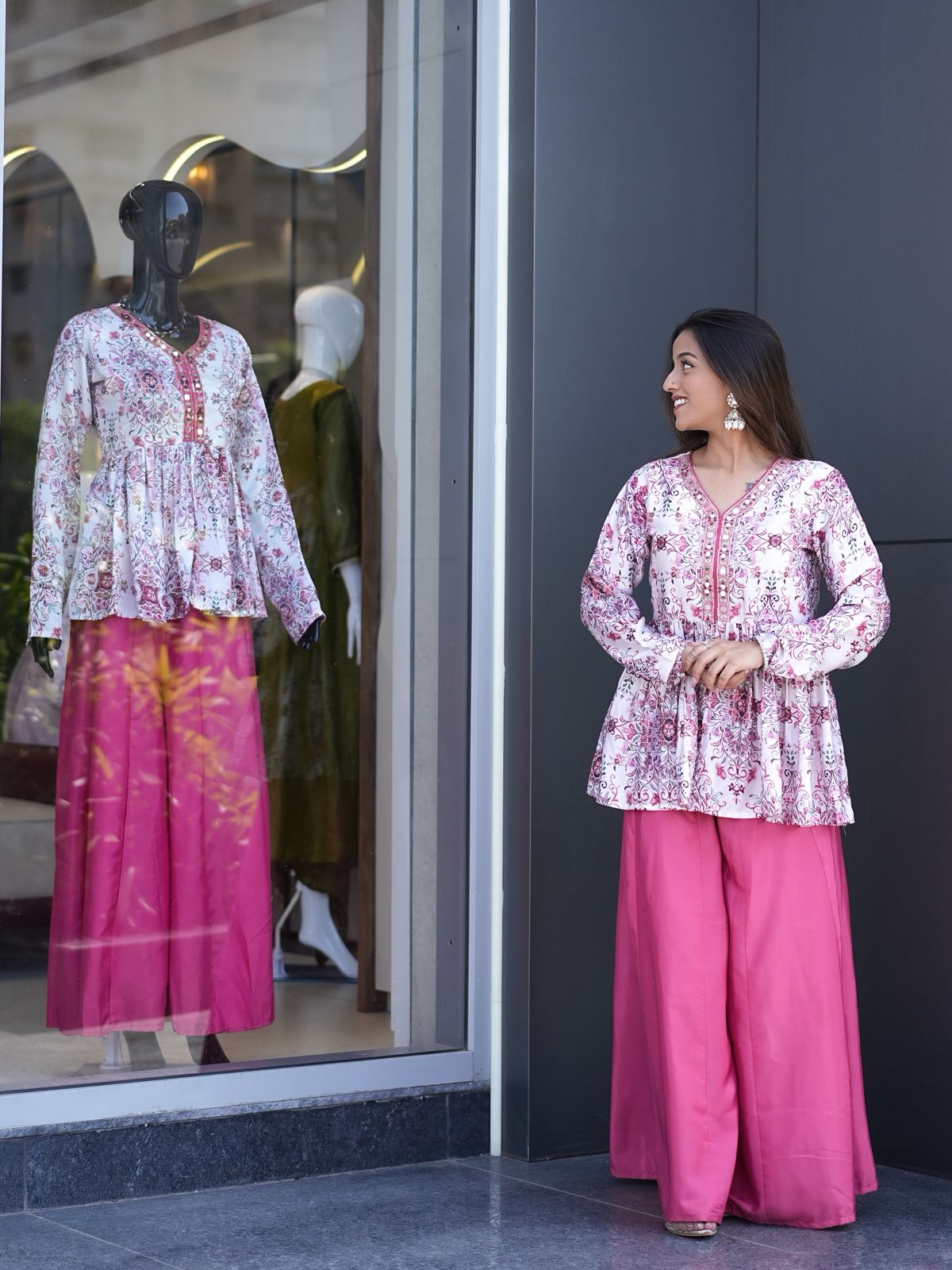 Rose White Pinkes White Modal Satin Silk Digital Print With Mirror Work Kurta Plazzo Set