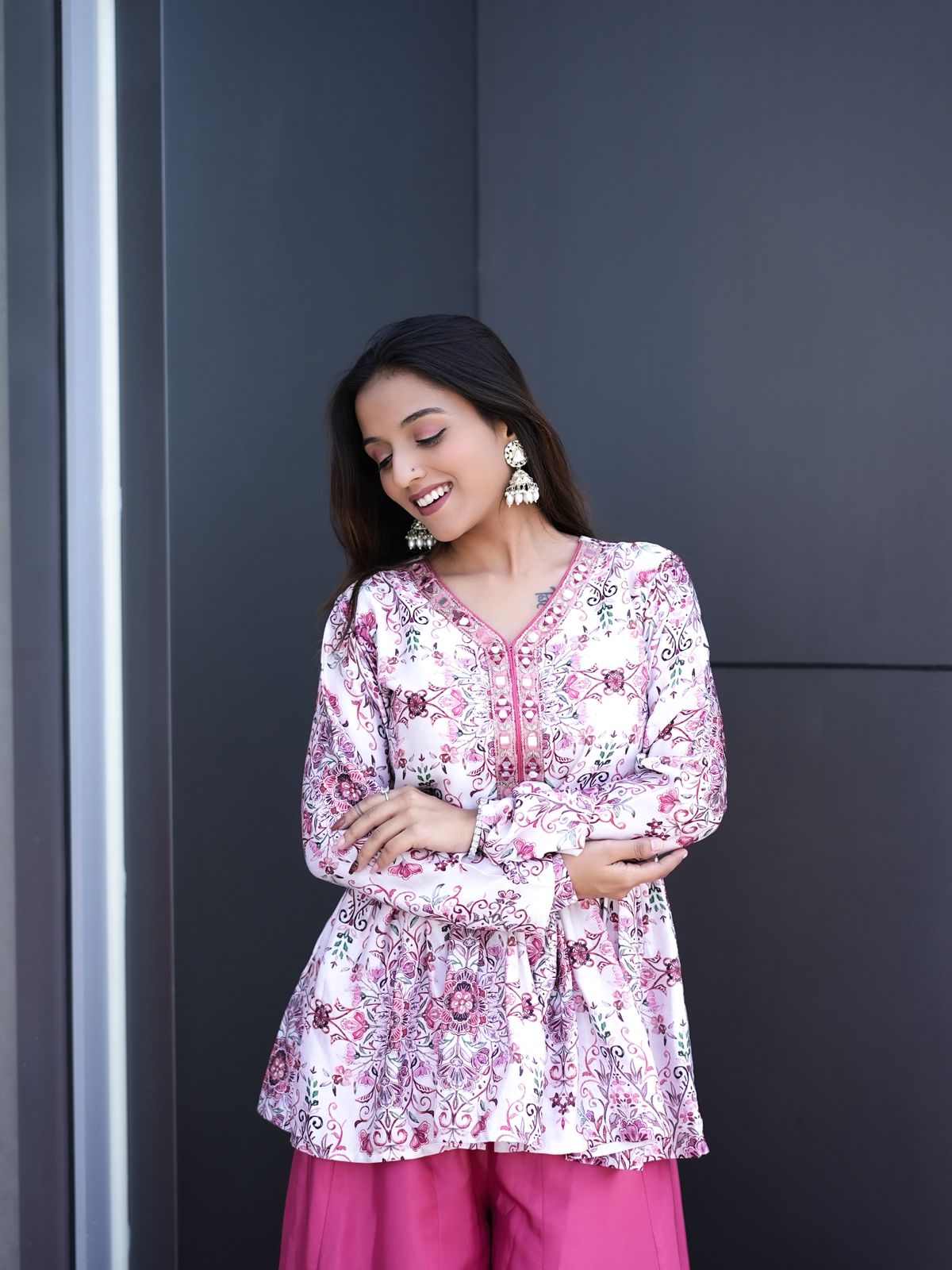 Rose White Pinkes White Modal Satin Silk Digital Print With Mirror Work Kurta Plazzo Set