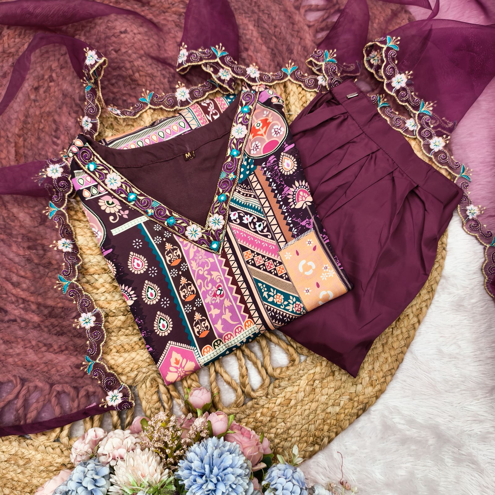 Wine Modal Satin Silk Digital Print With Border Work Dupatta Suit Set