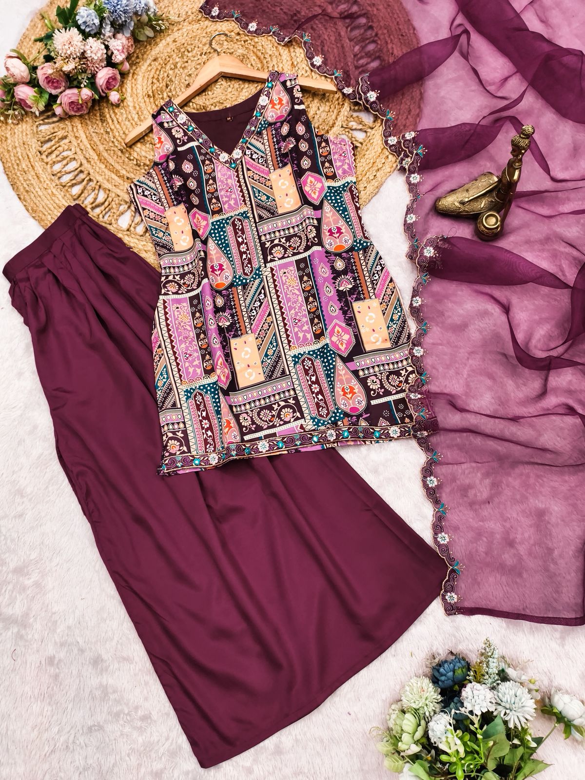 Wine Modal Satin Silk Digital Print With Border Work Dupatta Suit Set