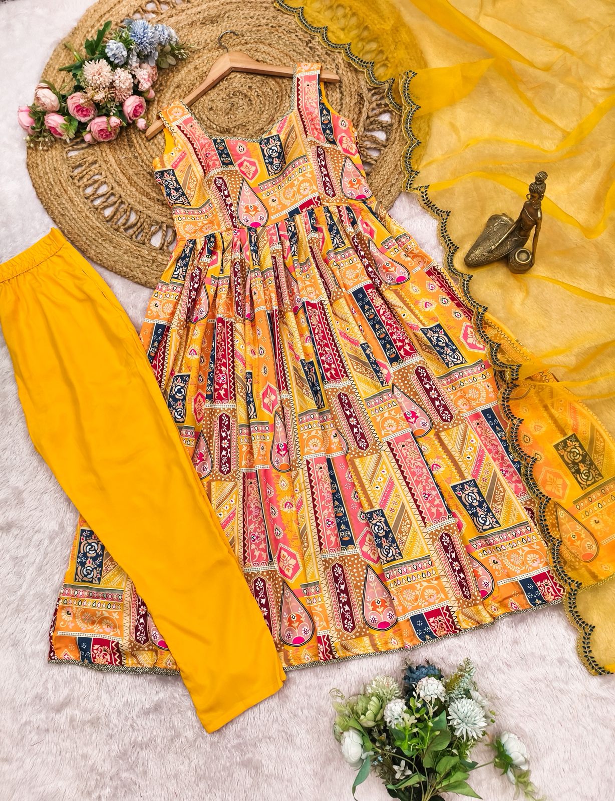 Yellow Modal Satin Silk Digital Print With Border Work Dupatta Suit Set