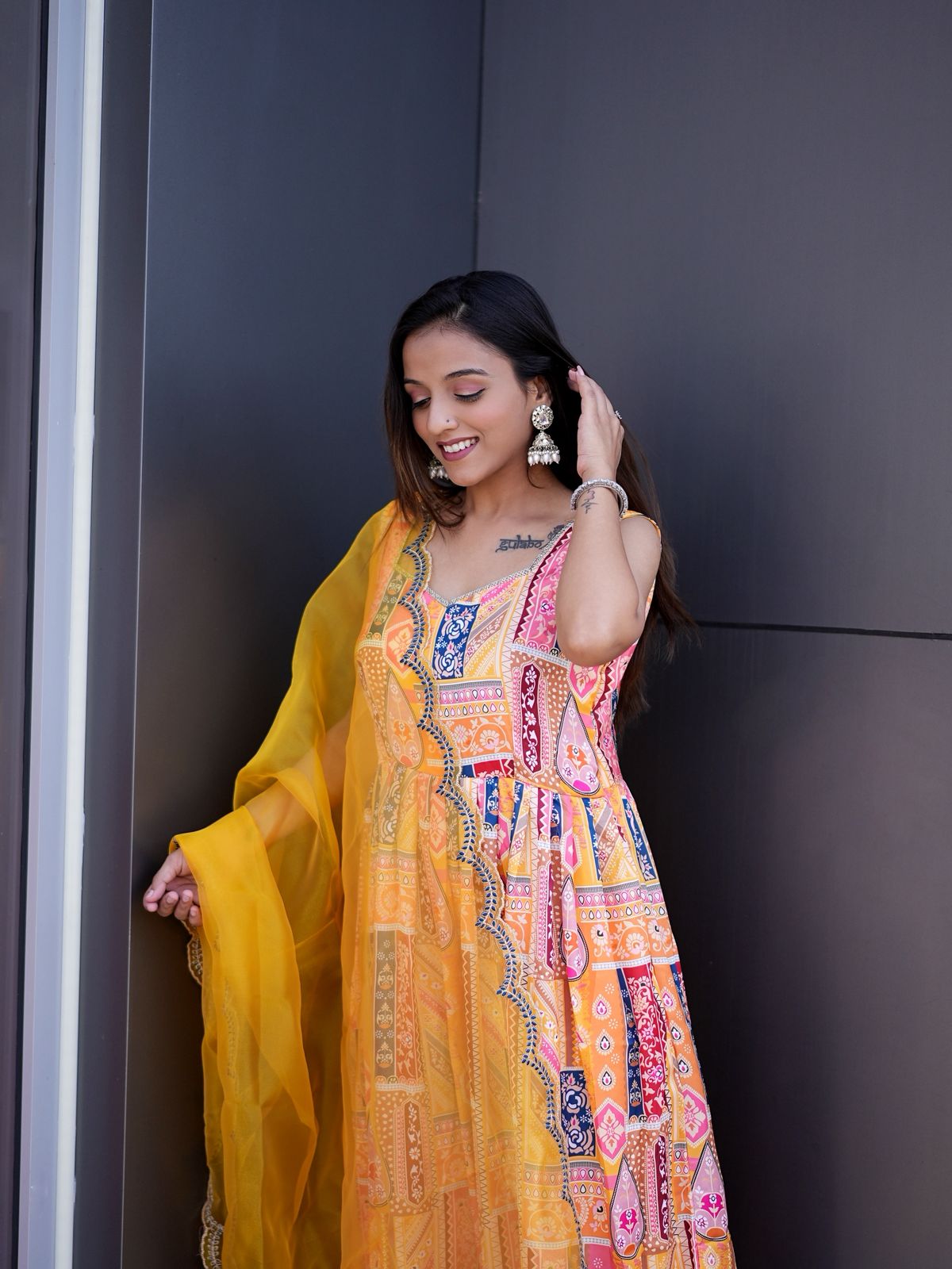 Yellow Modal Satin Silk Digital Print With Border Work Dupatta Suit Set