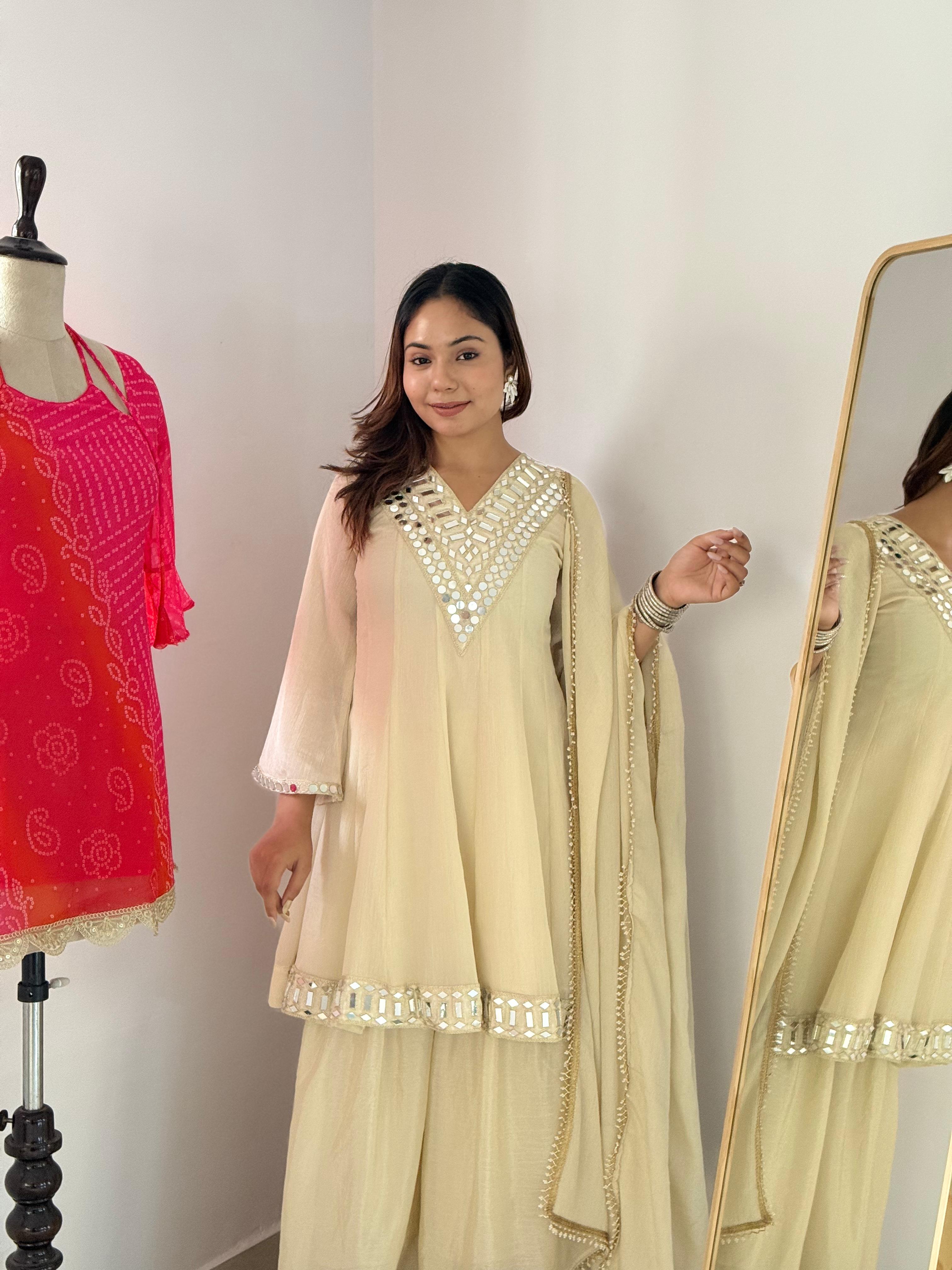 Lvory Soft Chinon Embroidery thread And Real Mirror Work Anarkali Suit Set