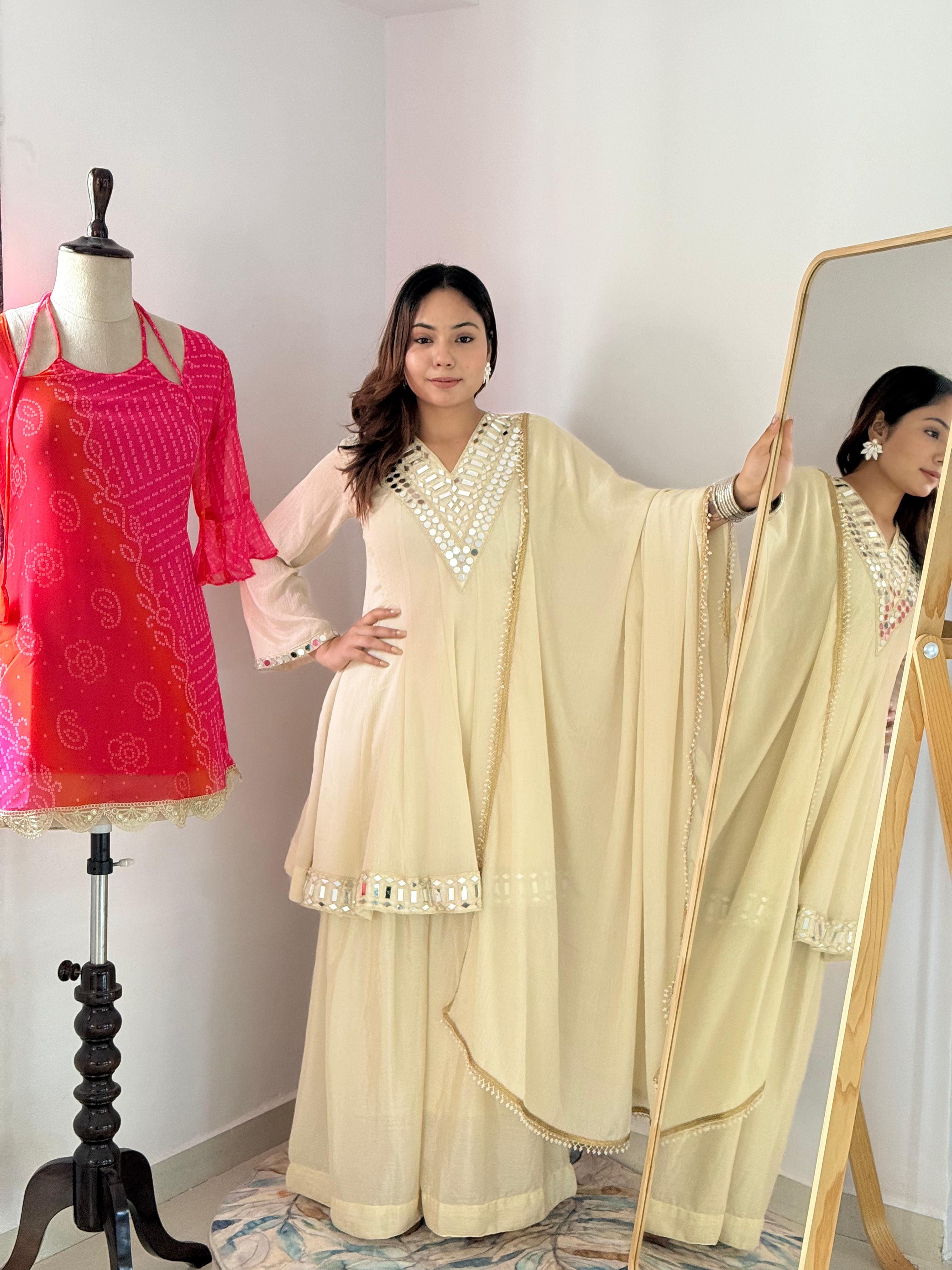 Lvory Soft Chinon Embroidery thread And Real Mirror Work Anarkali Suit Set