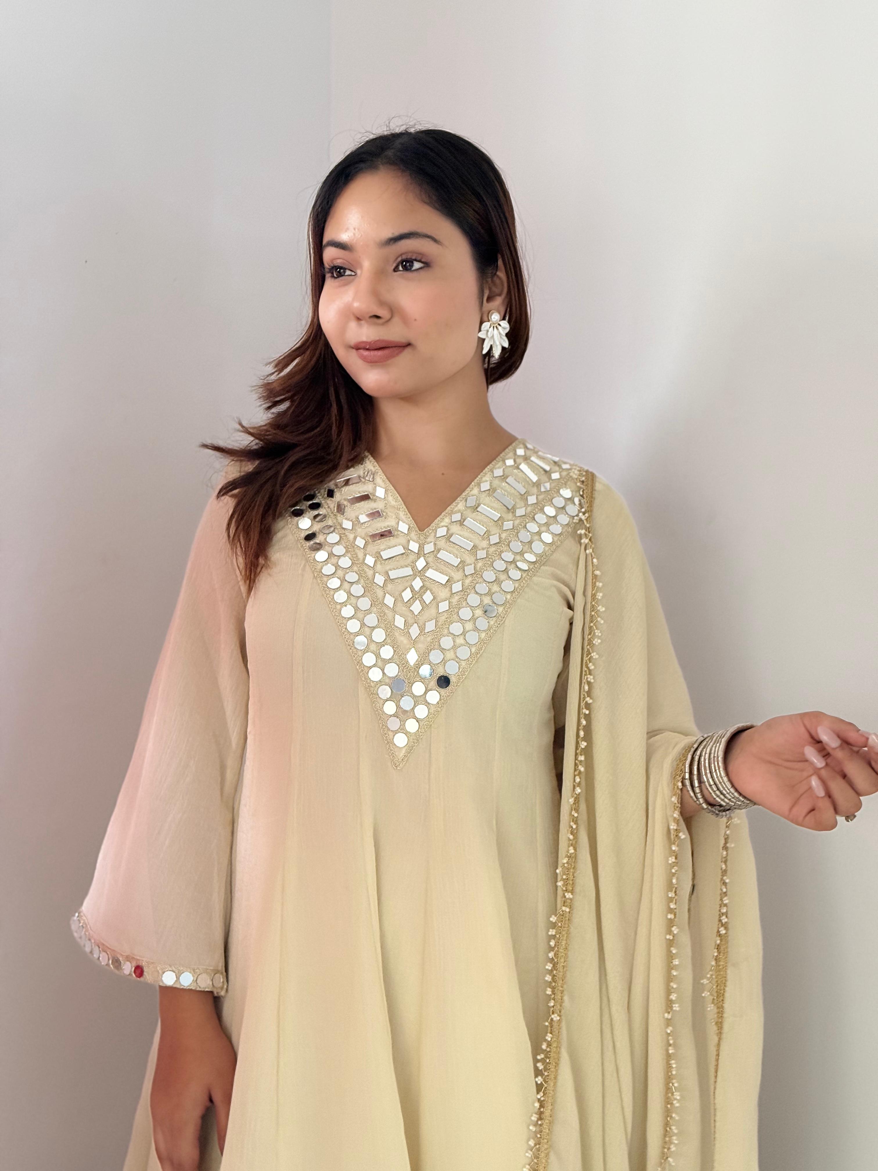 Lvory Soft Chinon Embroidery thread And Real Mirror Work Anarkali Suit Set