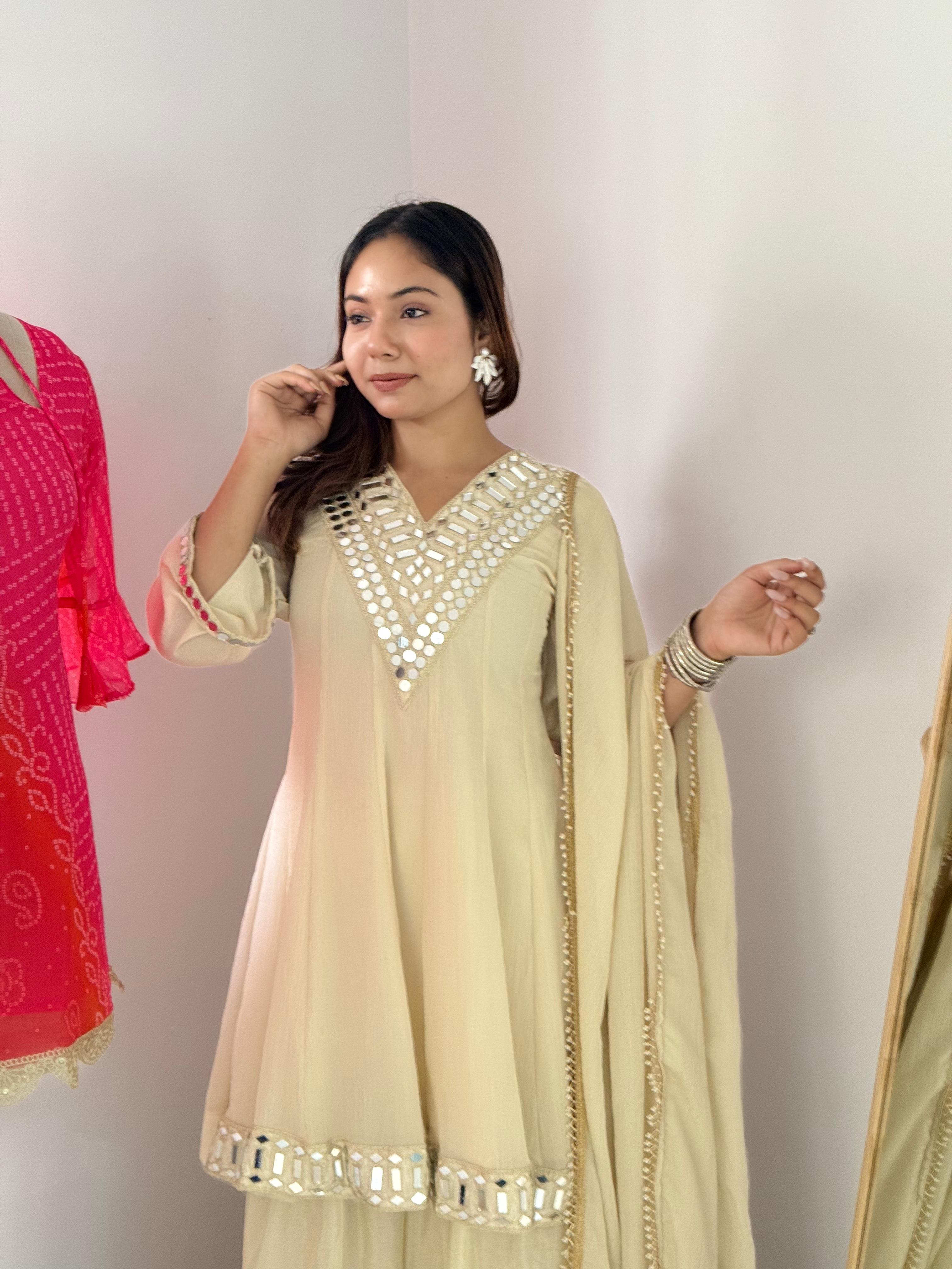 Lvory Soft Chinon Embroidery thread And Real Mirror Work Anarkali Suit Set