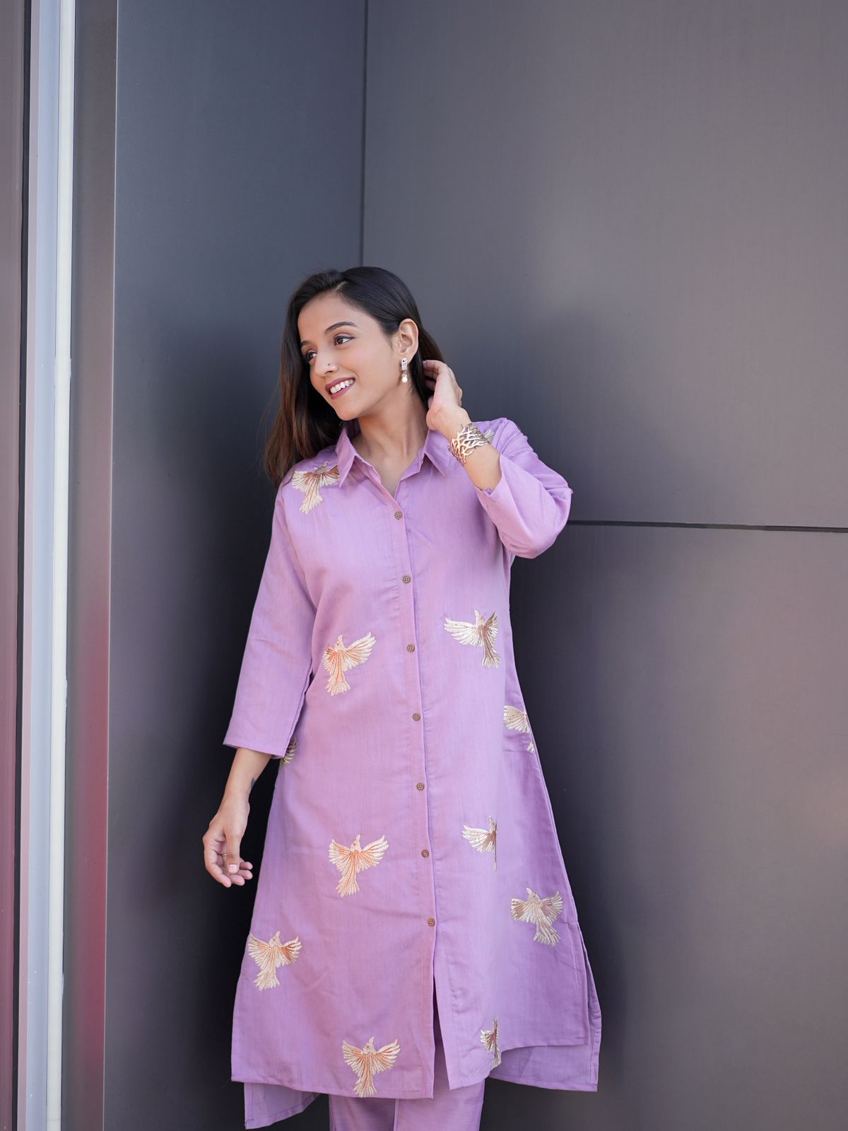 Lavender Roman Silk Thread Embroidery Work Kurti Set With Plazzo
