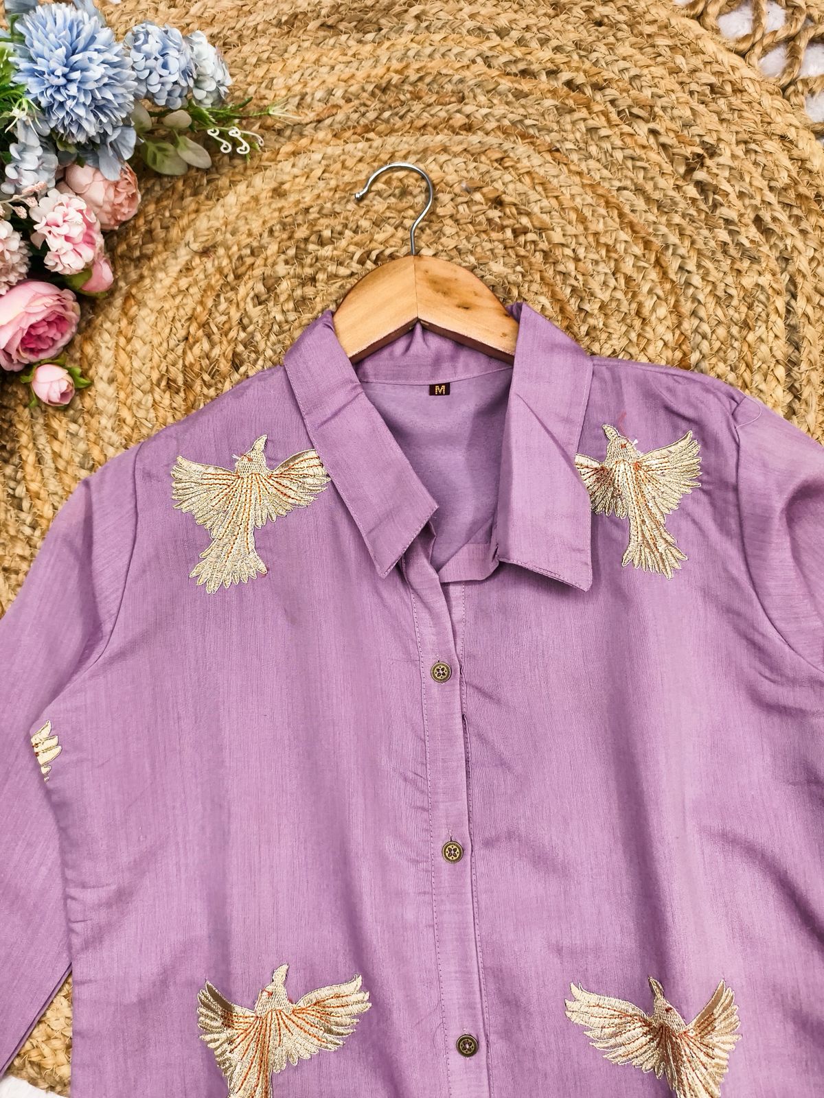 Lavender Roman Silk Thread Embroidery Work Kurti Set With Plazzo