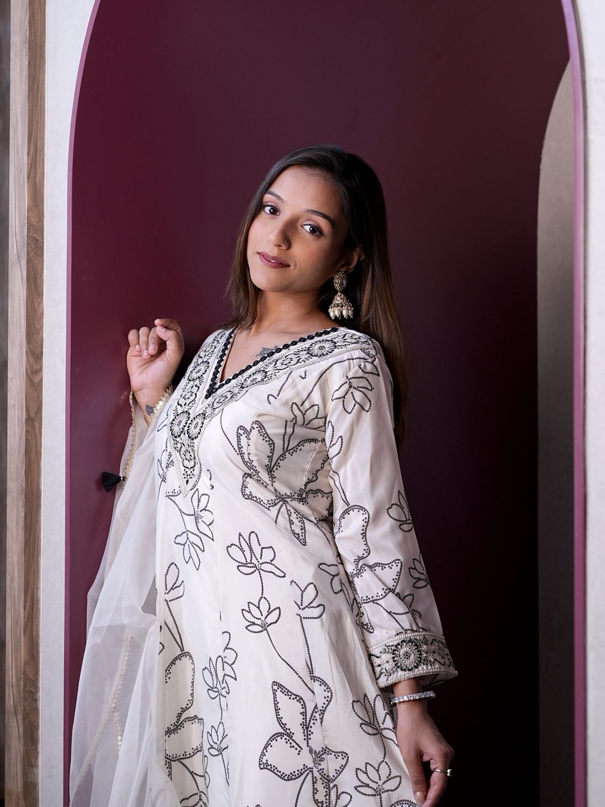 Eggshell French crepe Digital Flower Printed With Mirror work Suit Set