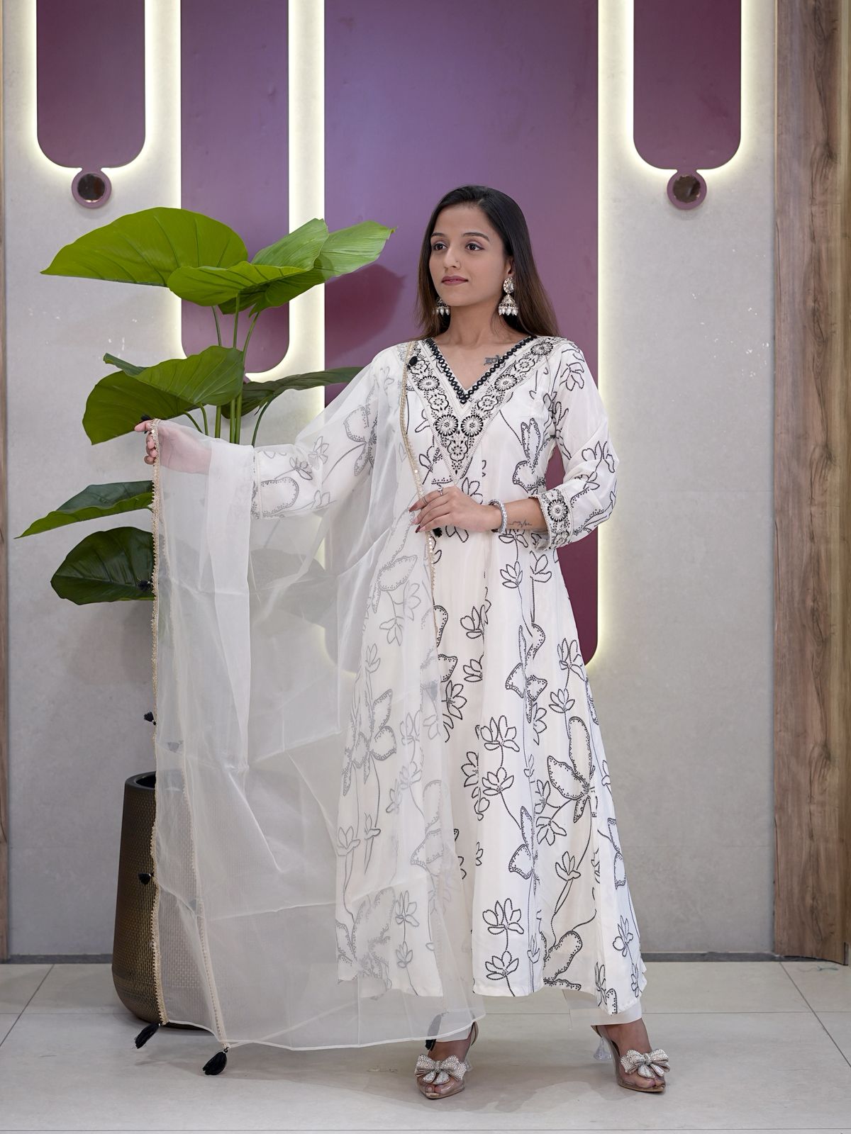 Eggshell French crepe Digital Flower Printed With Mirror work Suit Set