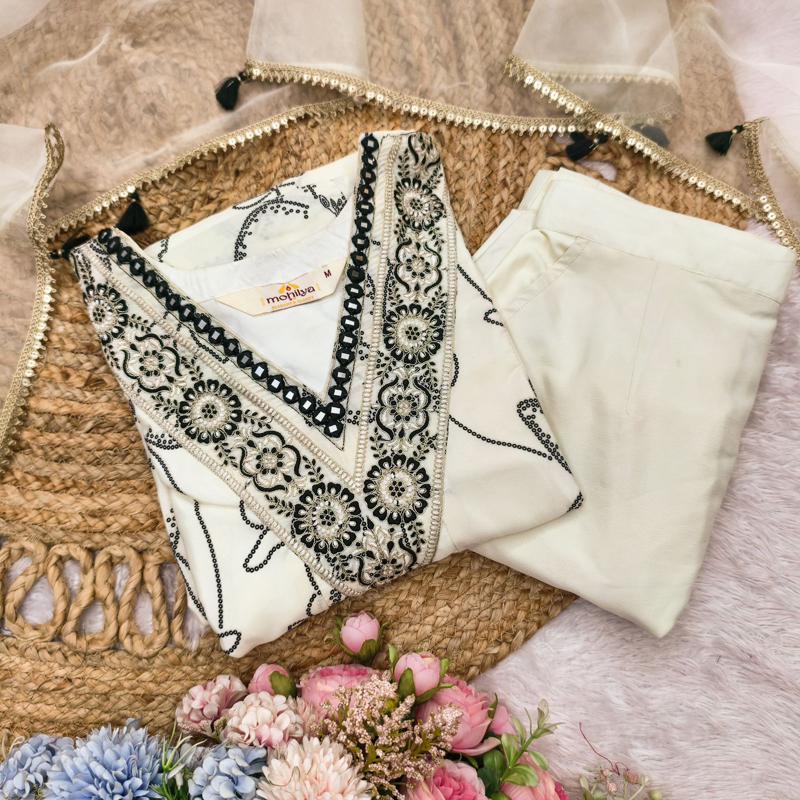 Eggshell French crepe Digital Flower Printed With Mirror work Suit Set