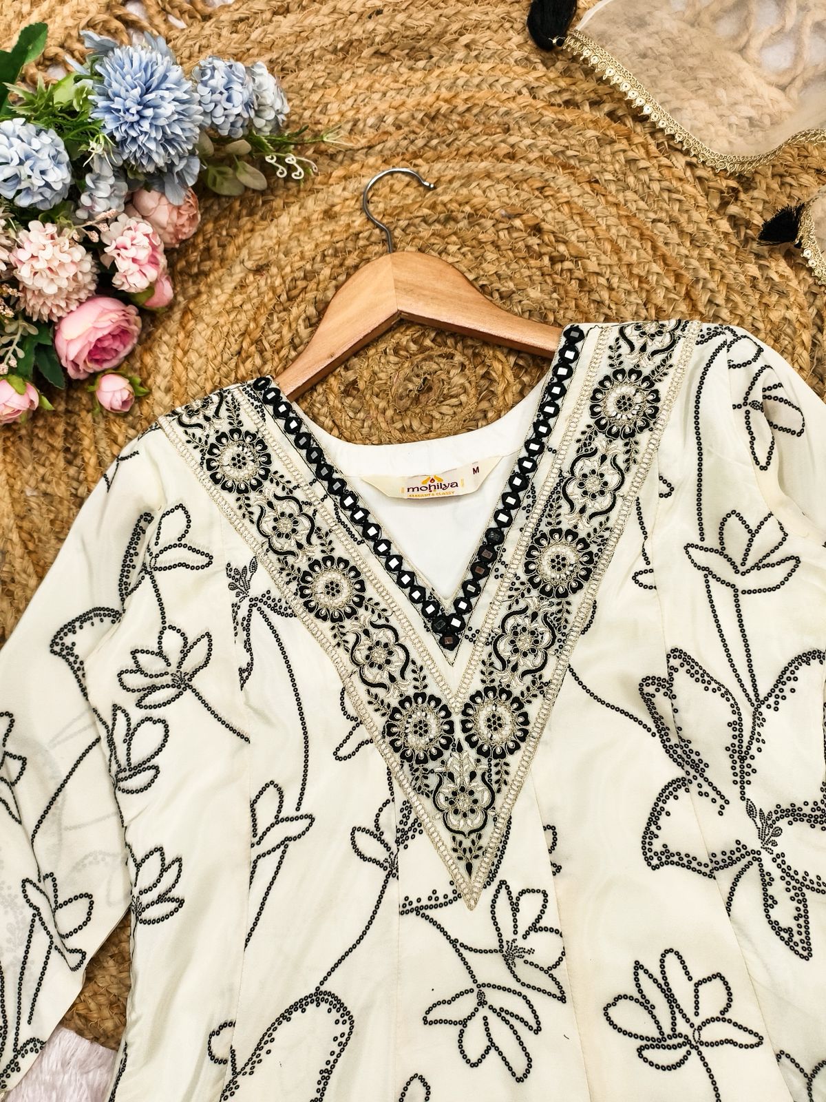 Eggshell French crepe Digital Flower Printed With Mirror work Suit Set