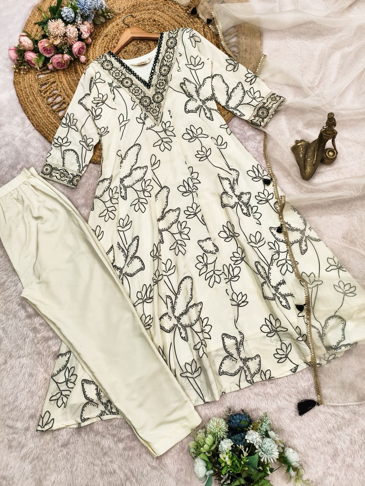 Eggshell French crepe Digital Flower Printed With Mirror work Suit Set