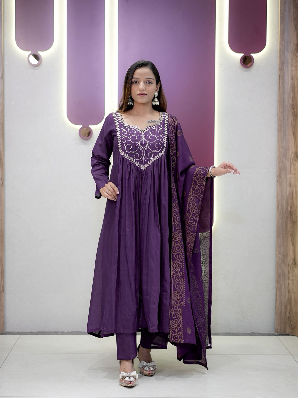 Plum Purple Chanderi silk Embroidery Thread Work Suit Set