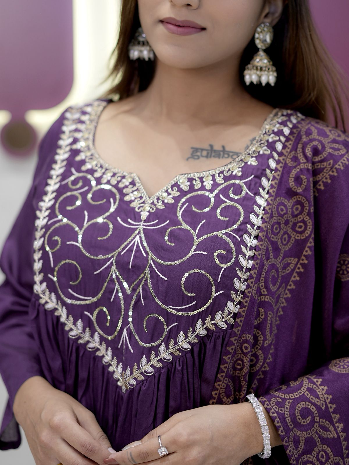 Plum Purple Chanderi silk Embroidery Thread Work Suit Set