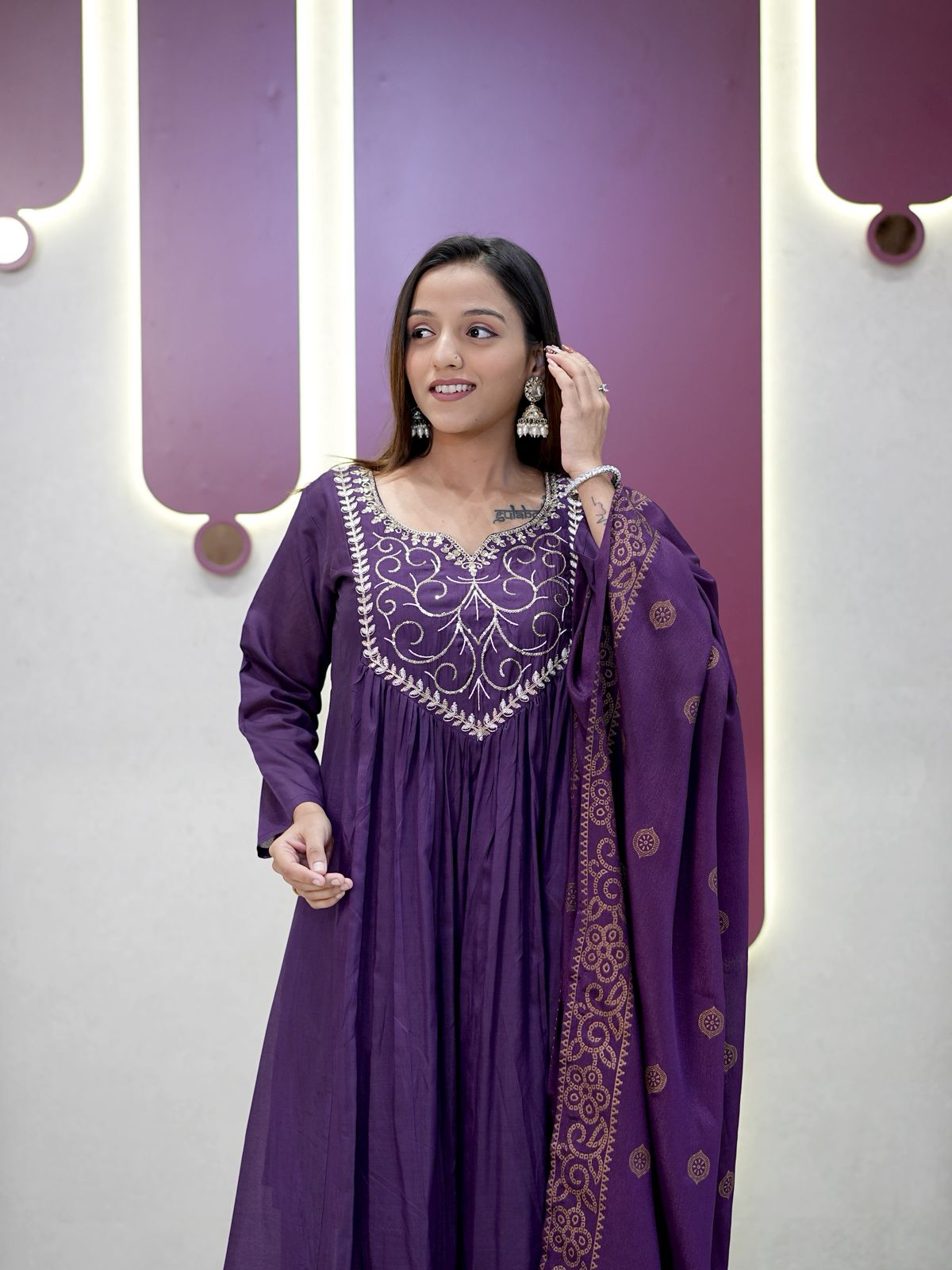 Plum Purple Chanderi silk Embroidery Thread Work Suit Set