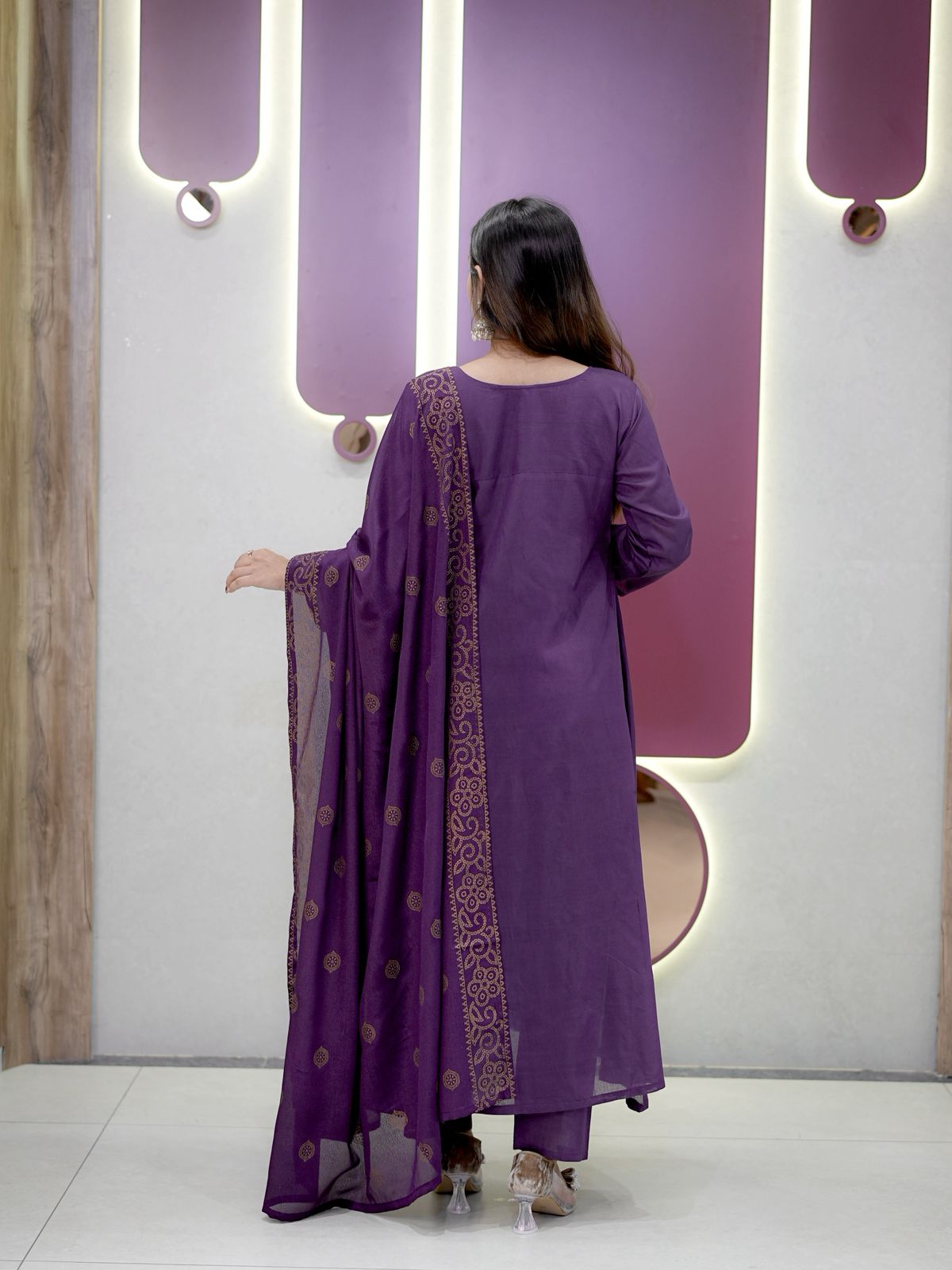 Plum Purple Chanderi silk Embroidery Thread Work Suit Set