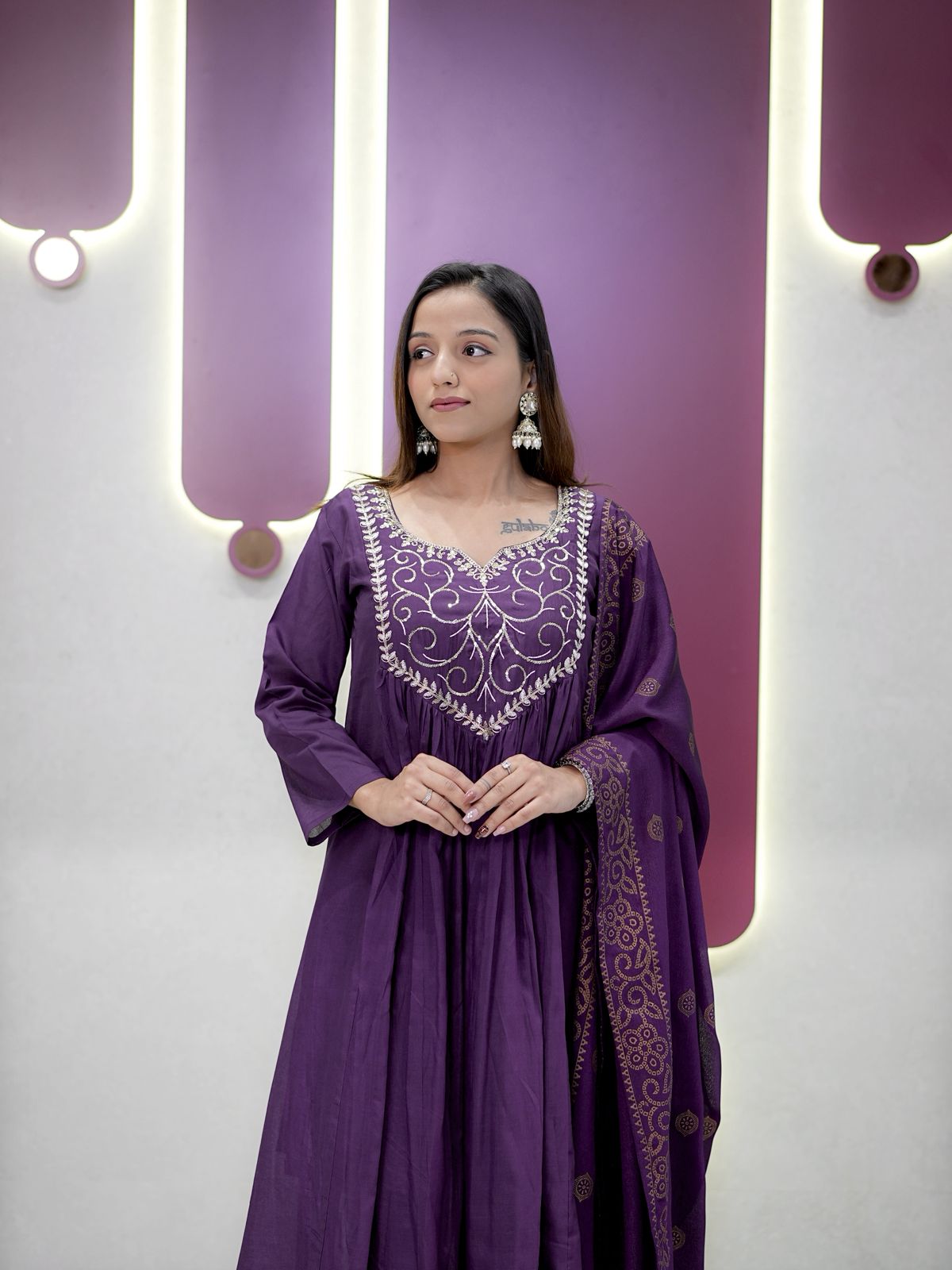 Plum Purple Chanderi silk Embroidery Thread Work Suit Set