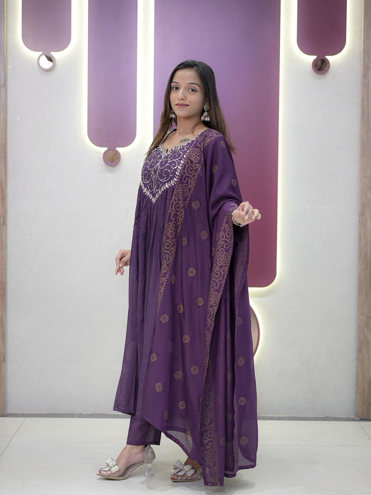 Plum Purple Chanderi silk Embroidery Thread Work Suit Set