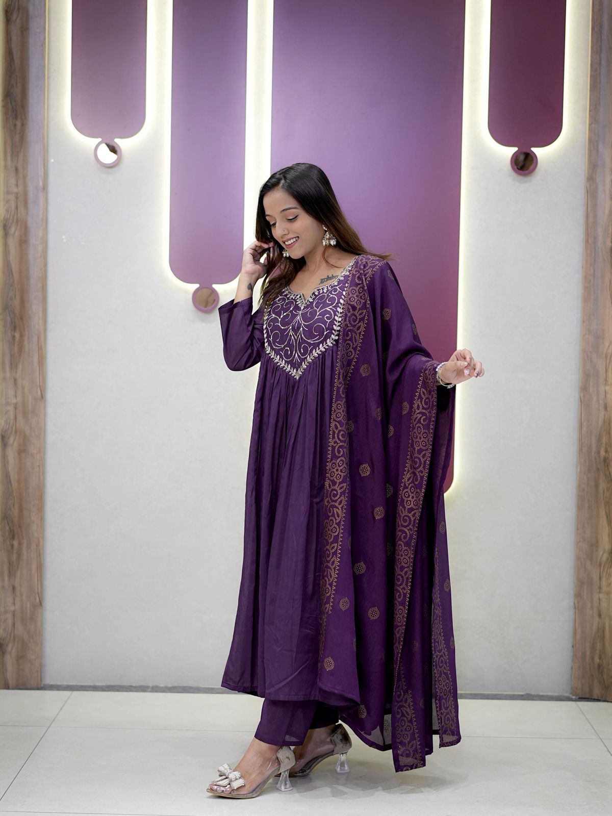 Plum Purple Chanderi silk Embroidery Thread Work Suit Set
