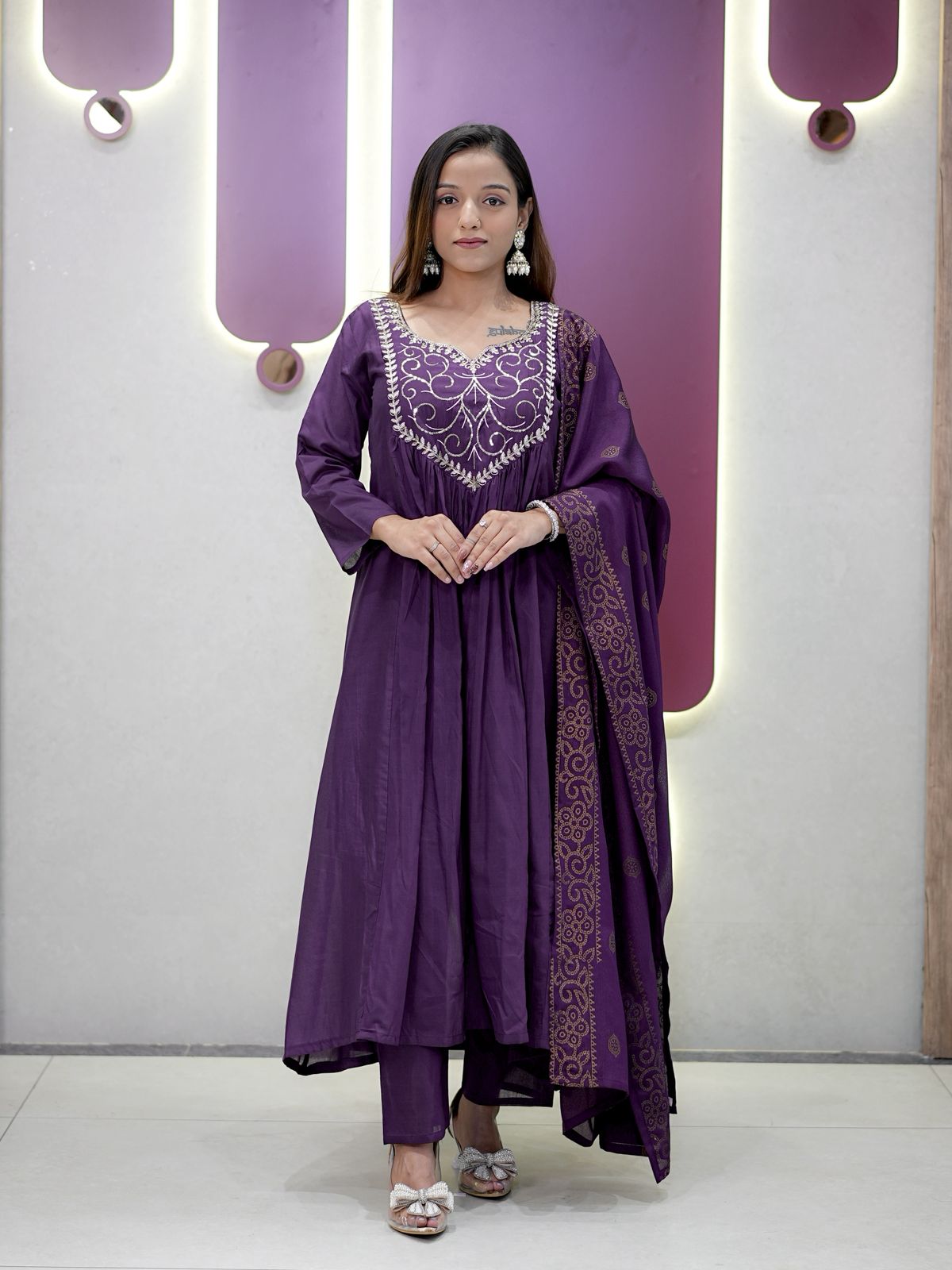 Plum Purple Chanderi silk Embroidery Thread Work Suit Set