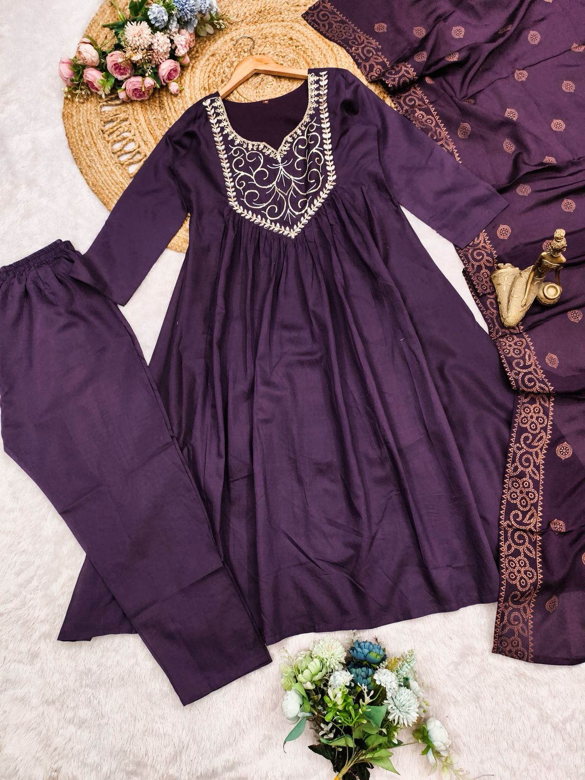 Plum Purple Chanderi silk Embroidery Thread Work Suit Set