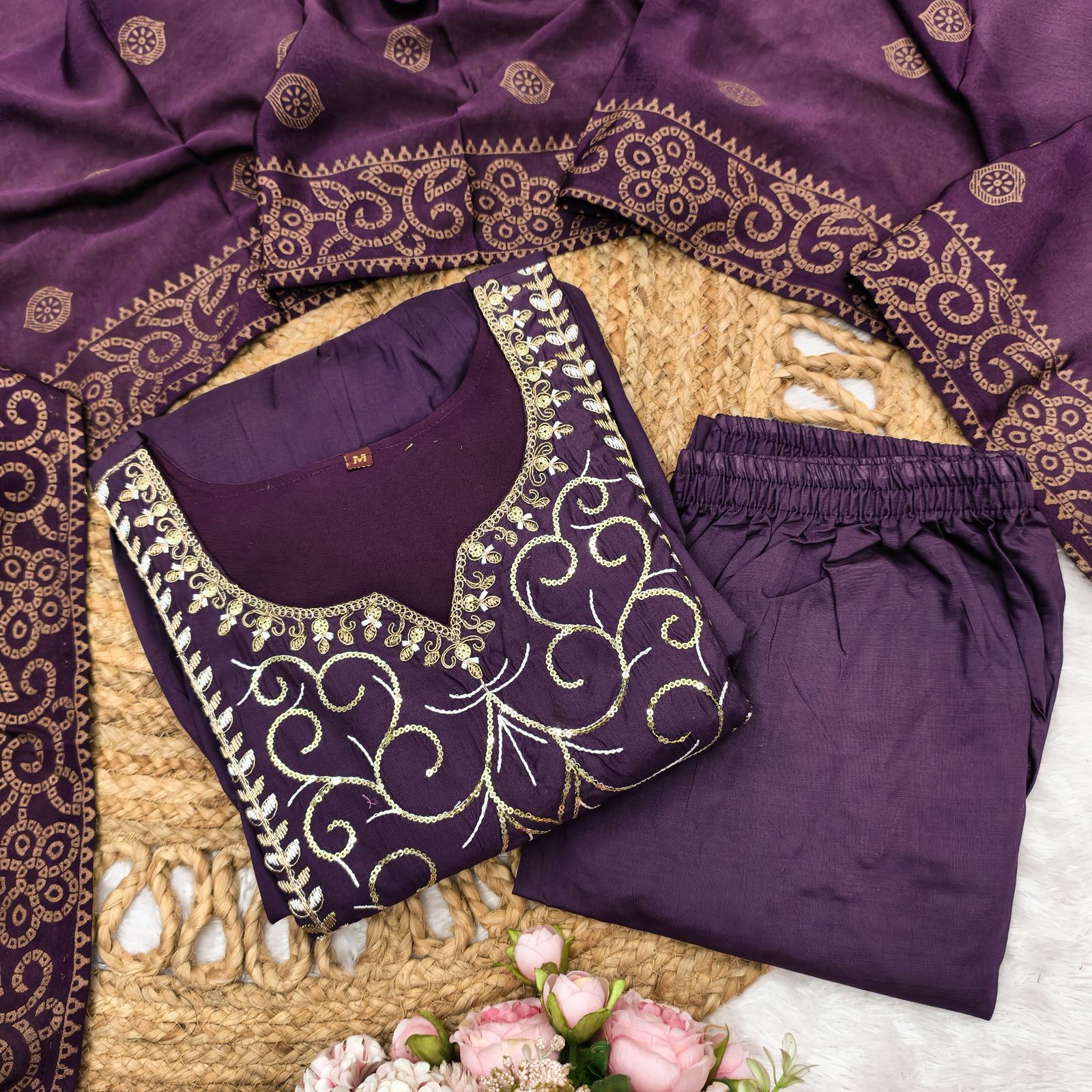Plum Purple Chanderi silk Embroidery Thread Work Suit Set