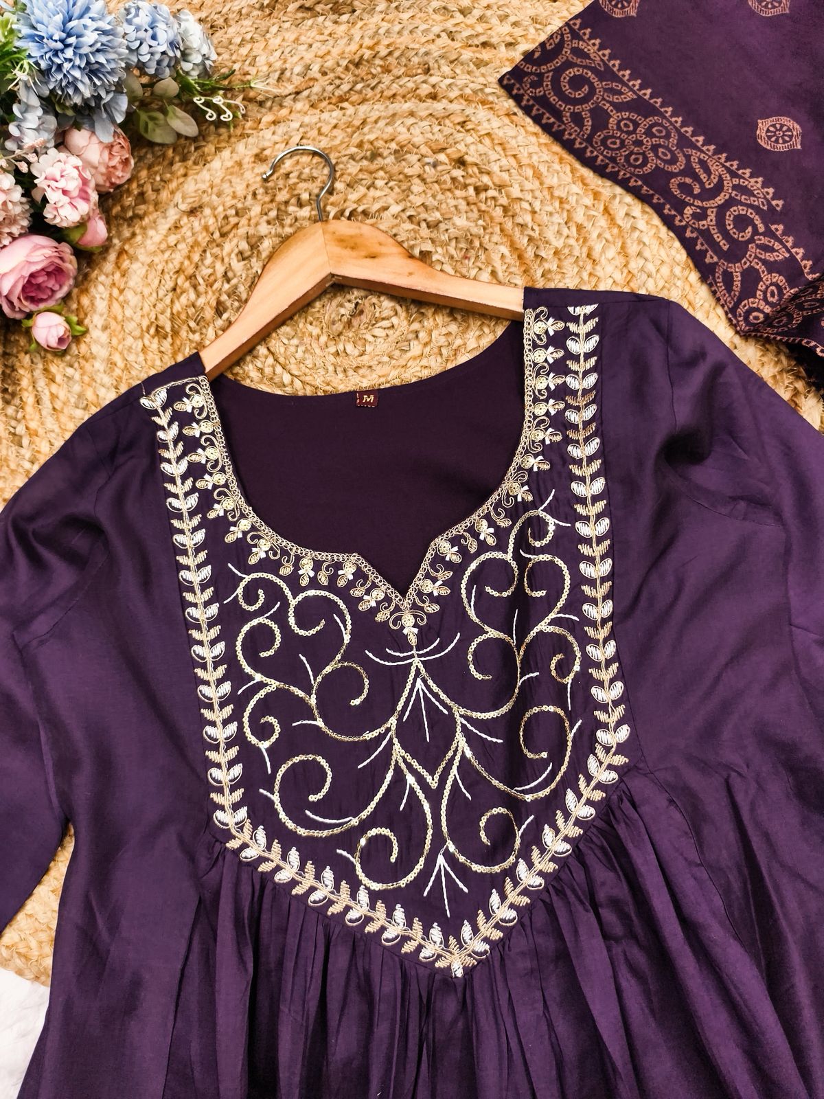 Plum Purple Chanderi silk Embroidery Thread Work Suit Set