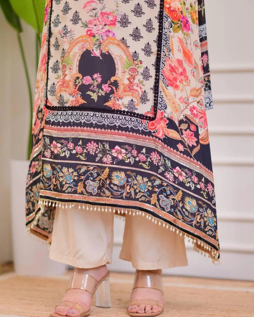 Marvellous Multicolour Chinon Digital Print Embroidery Work Suit Set