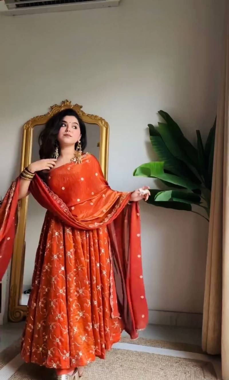 Blooming Orange Fendy Silk Thred With Sequnce Work Anarkali Suit Set