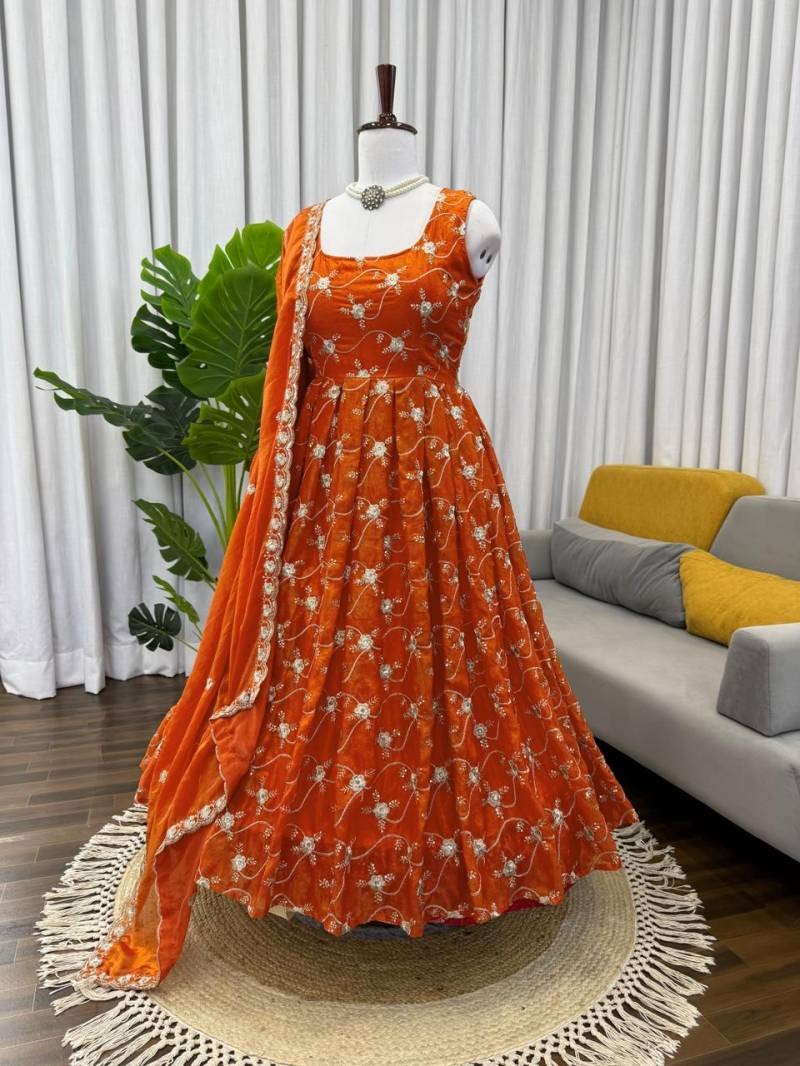 Blooming Orange Fendy Silk Thred With Sequnce Work Anarkali Suit Set