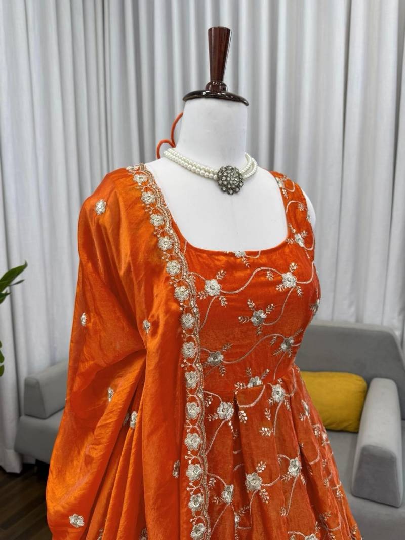 Blooming Orange Fendy Silk Thred With Sequnce Work Anarkali Suit Set