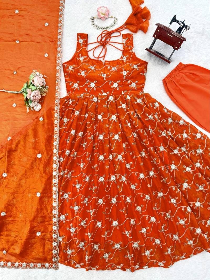 Blooming Orange Fendy Silk Thred With Sequnce Work Anarkali Suit Set