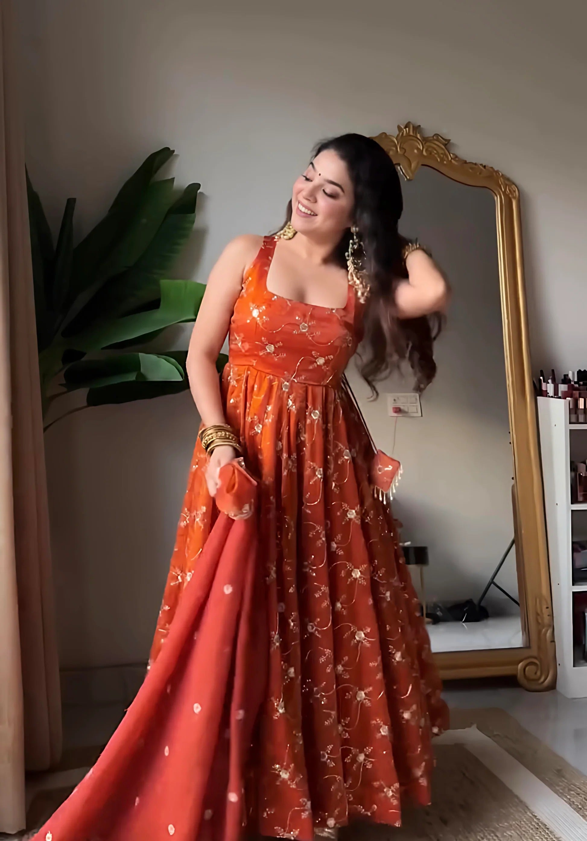 Blooming Orange Fendy Silk Thred With Sequnce Work Anarkali Suit Set