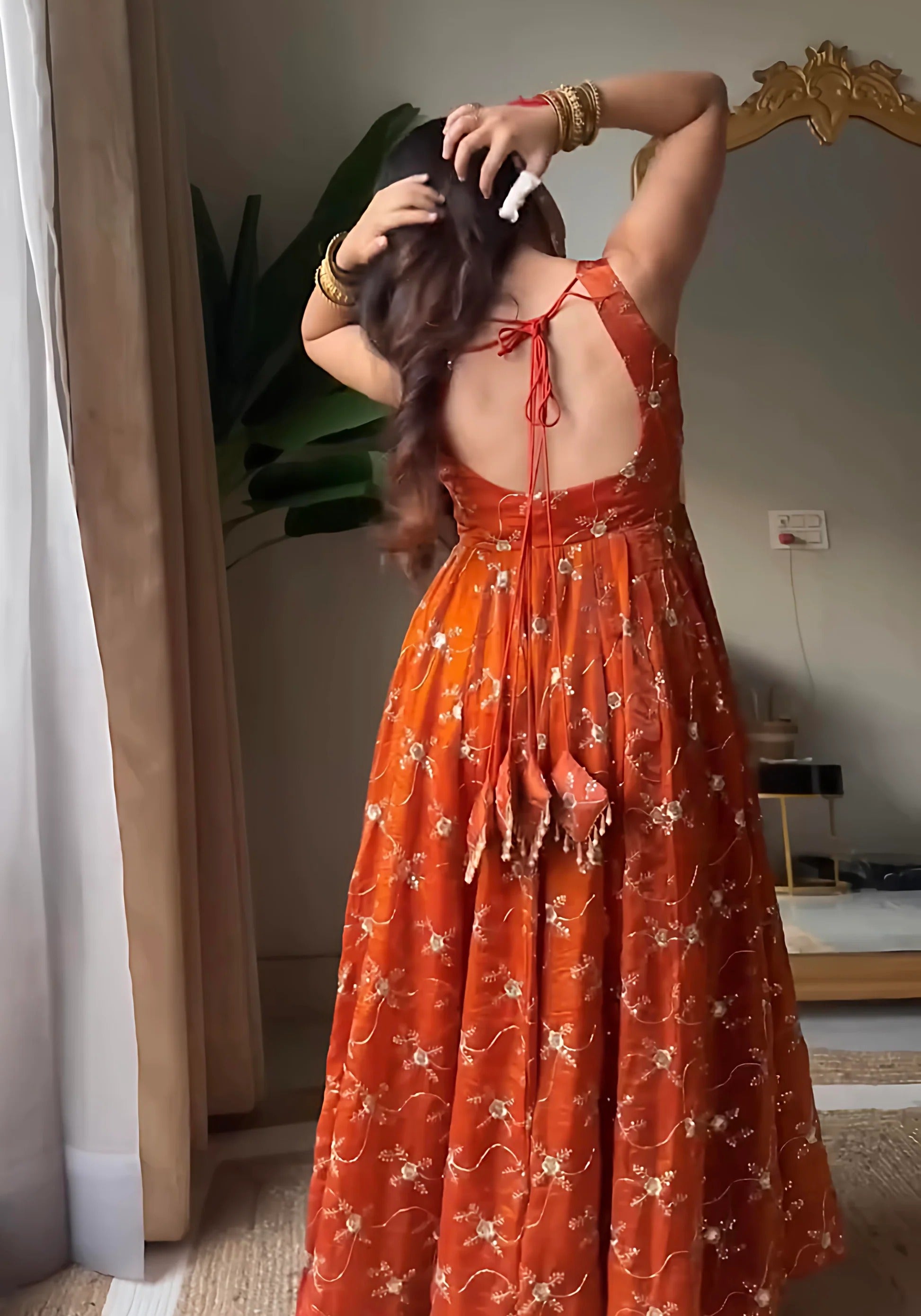 Blooming Orange Fendy Silk Thred With Sequnce Work Anarkali Suit Set