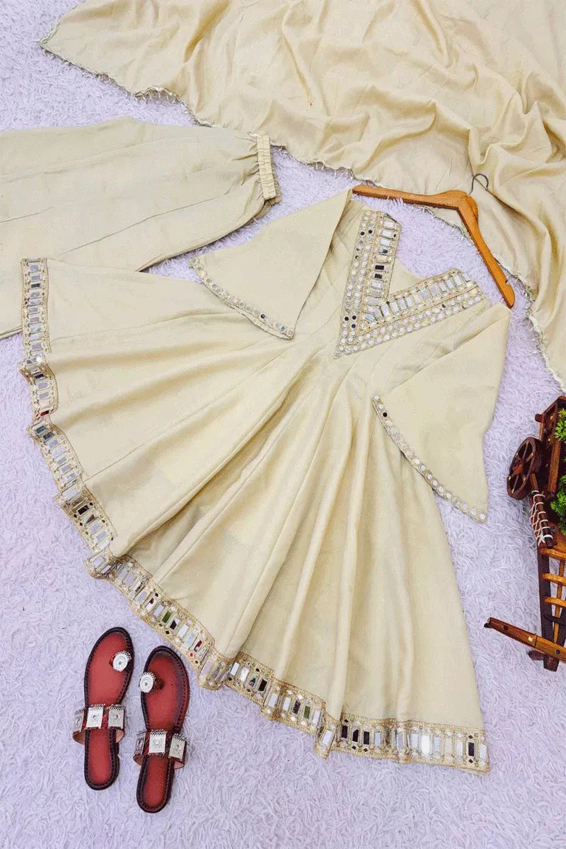 Lvory Soft Chinon Embroidery thread And Real Mirror Work Anarkali Suit Set