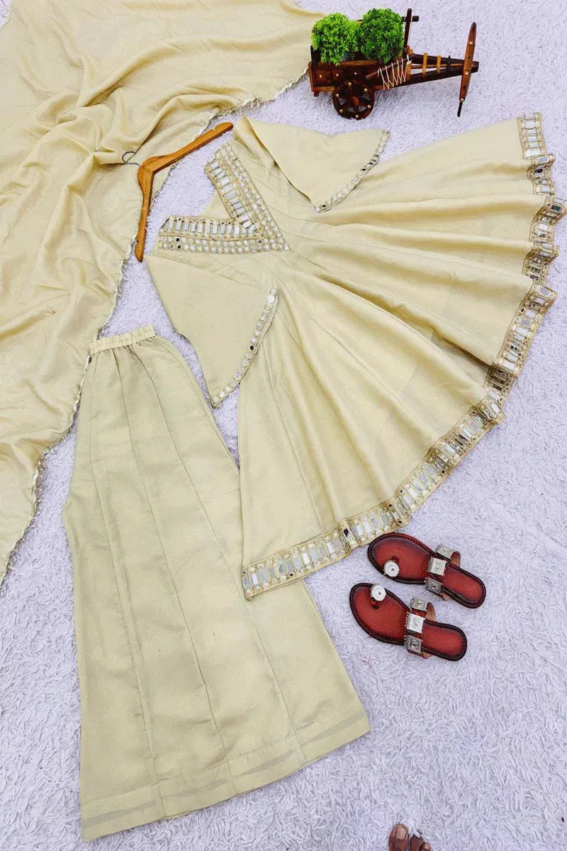 Lvory Soft Chinon Embroidery thread And Real Mirror Work Anarkali Suit Set